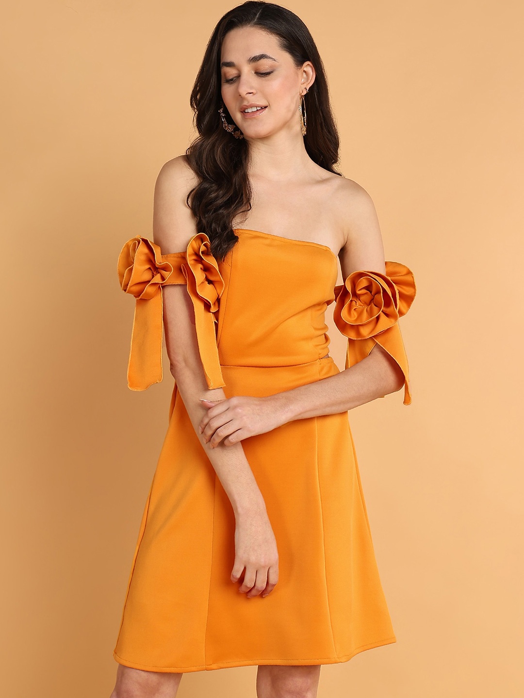 

DODO & MOA Orange Off-Shoulder Scuba A-Line Dress