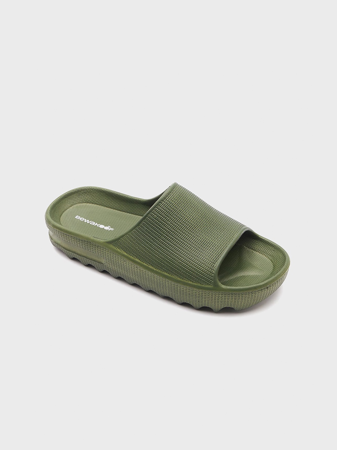 

Bewakoof Men Textured Zig Zag Rubber Sliders, Olive