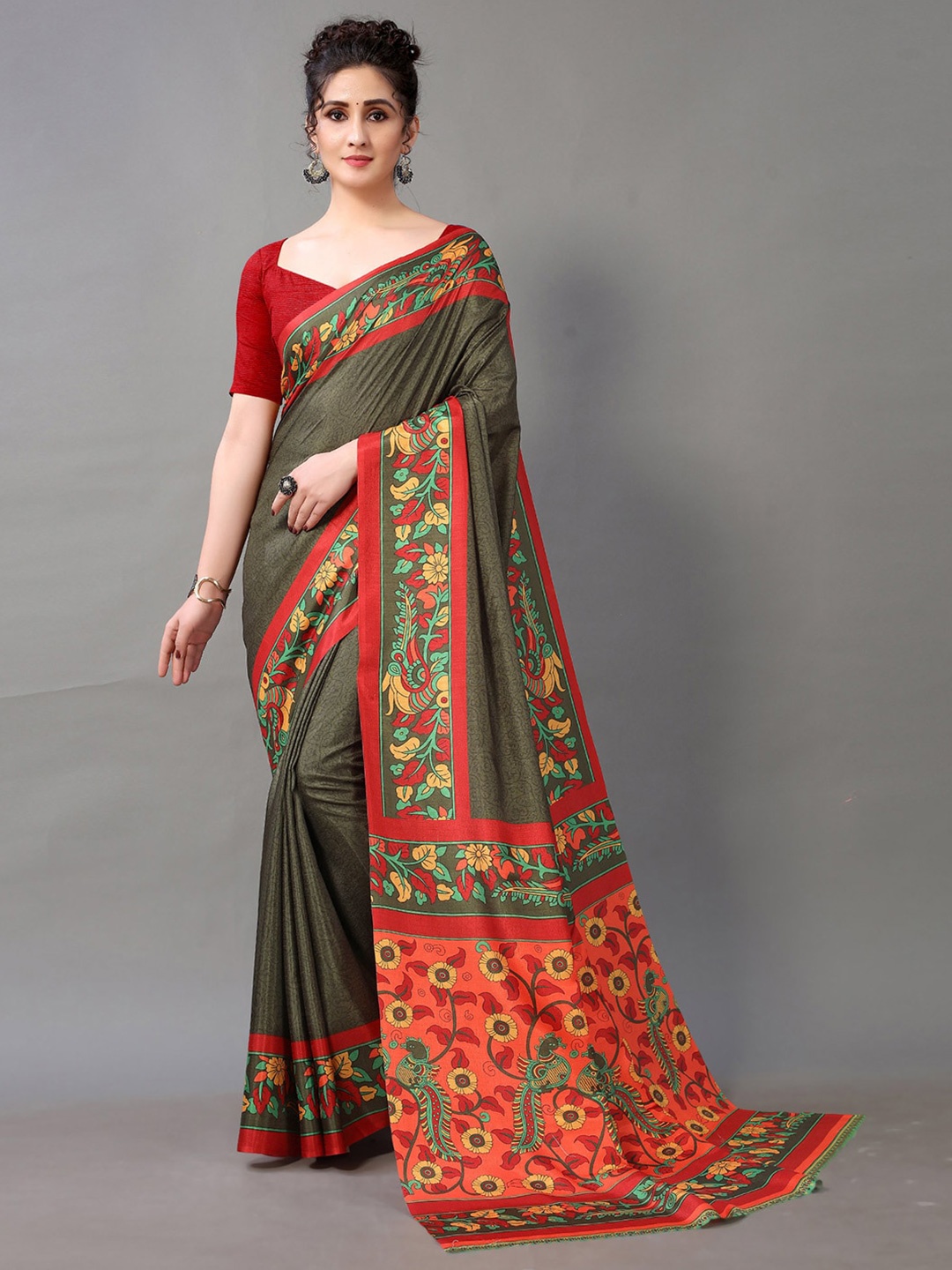 

KALINI Ethnic Motifs Printed Brasso Saree, Green