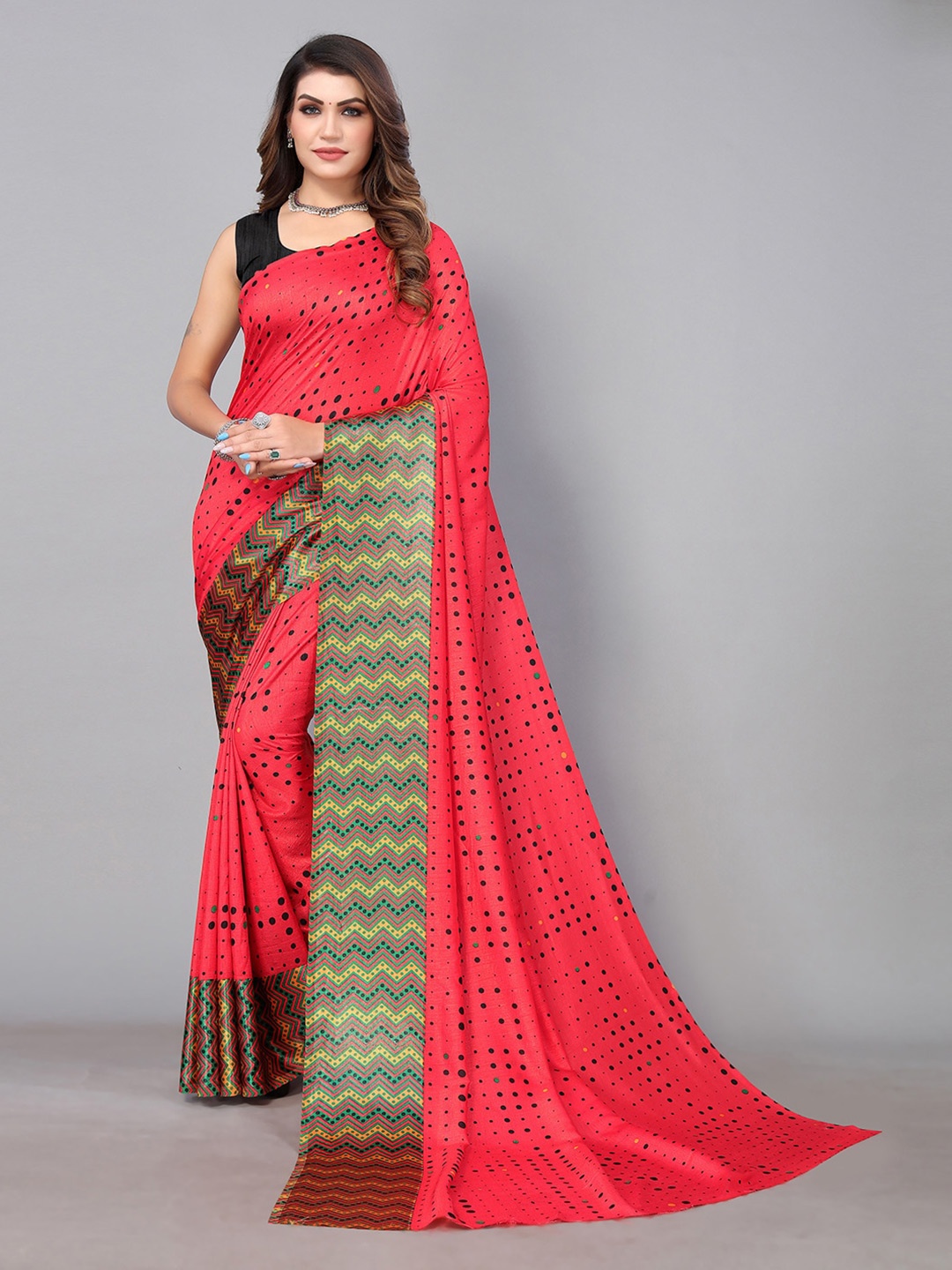 

KALINI Polka Dot Printed Silk Blend Saree, Red