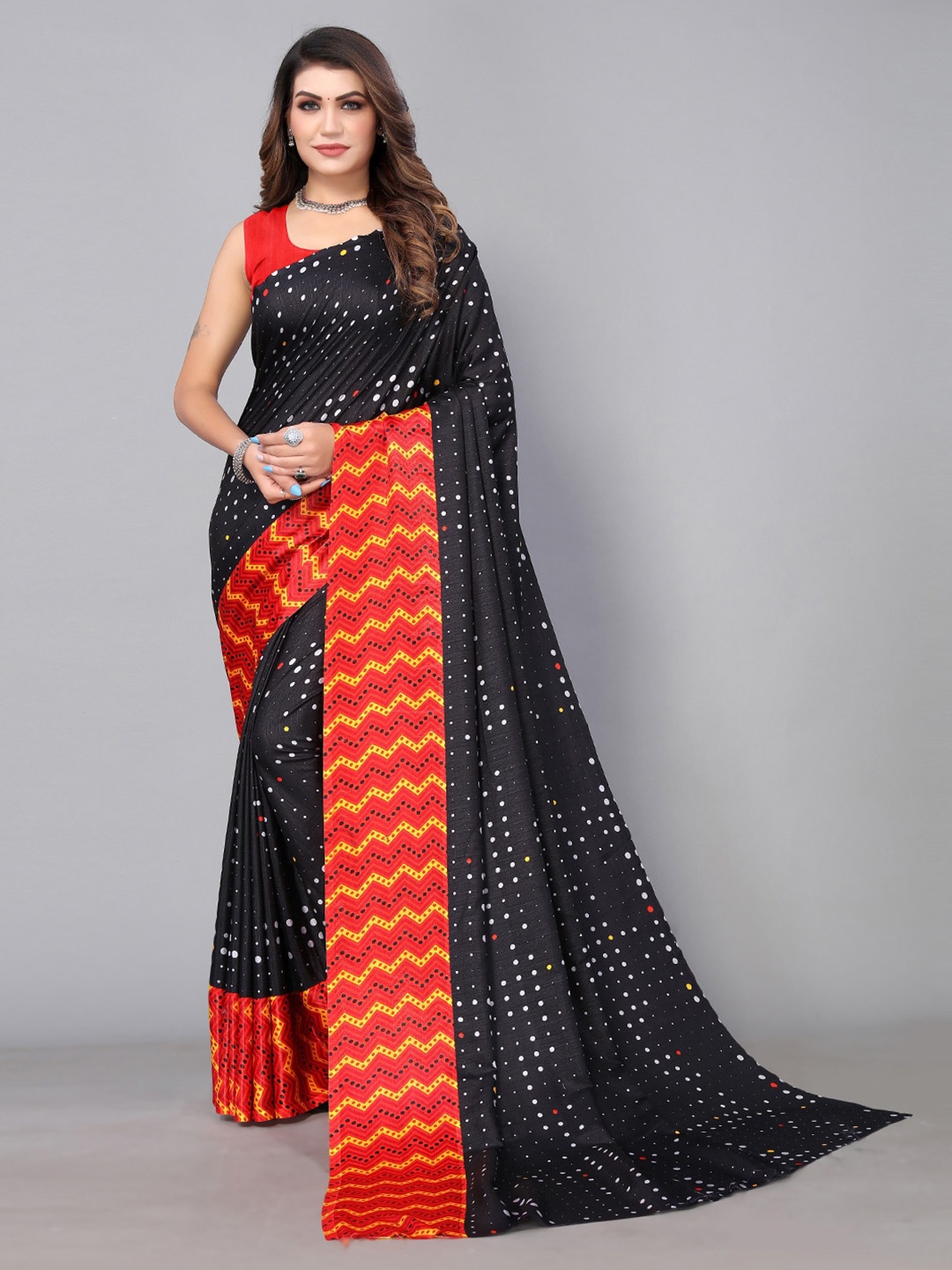 

KALINI Polka Dot Printed Silk Blend Saree, Black