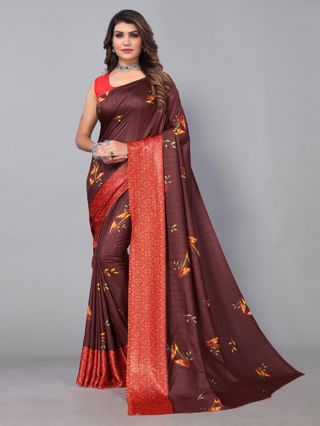

KALINI Floral Printed Saree, Brown