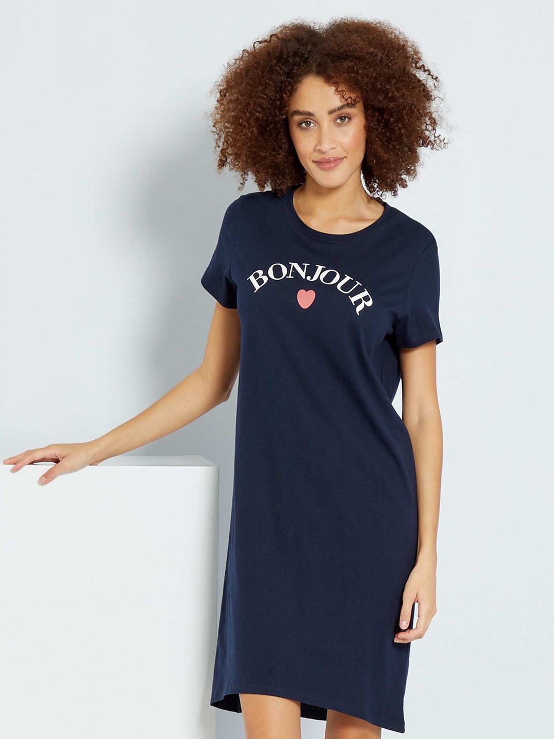 

KIABI Typography Printed Pure Cotton T-shirt Nightdress, Navy blue