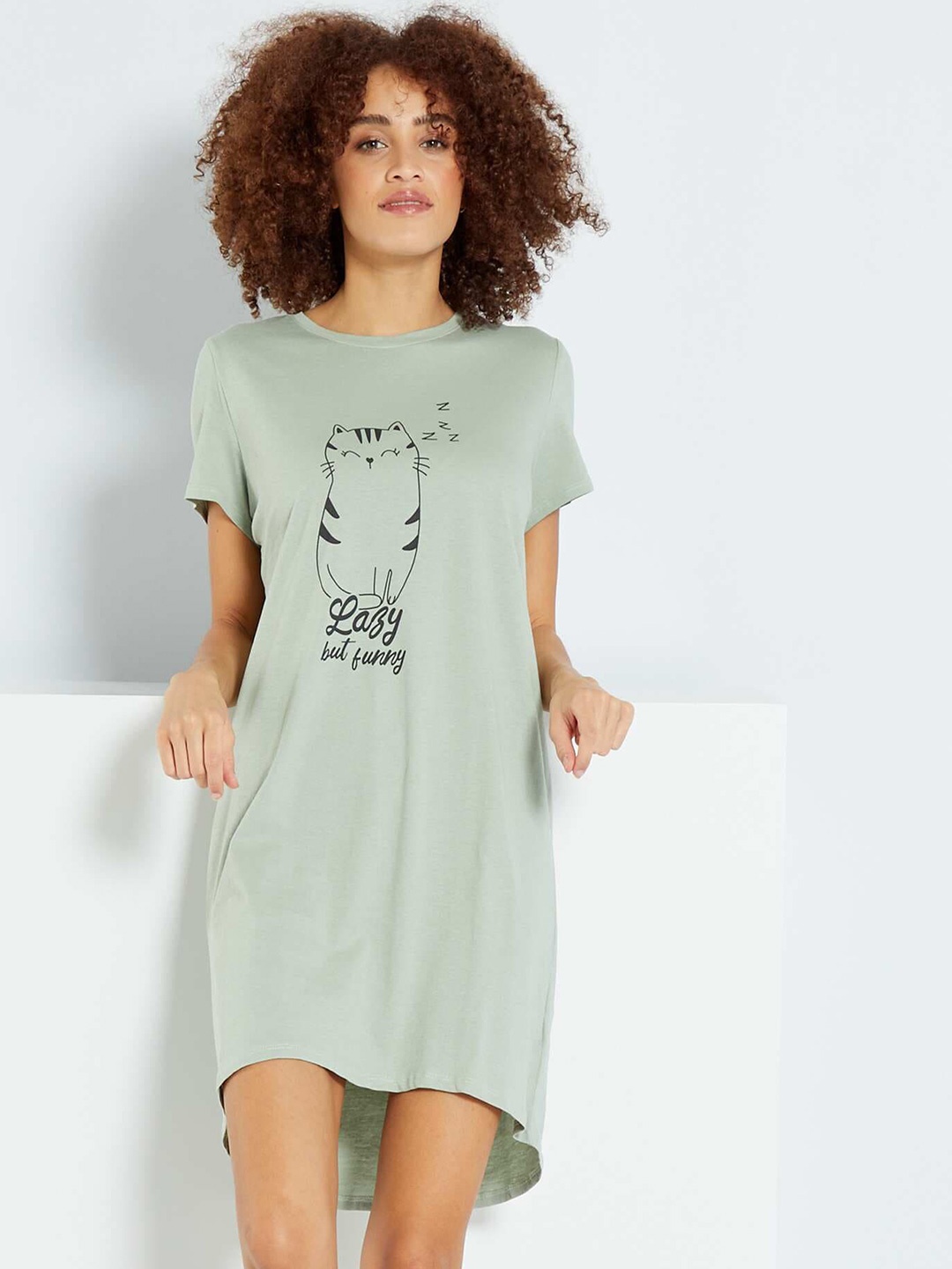 

KIABI Graphic Printed Pure Cotton T-shirt Nightdress, Green