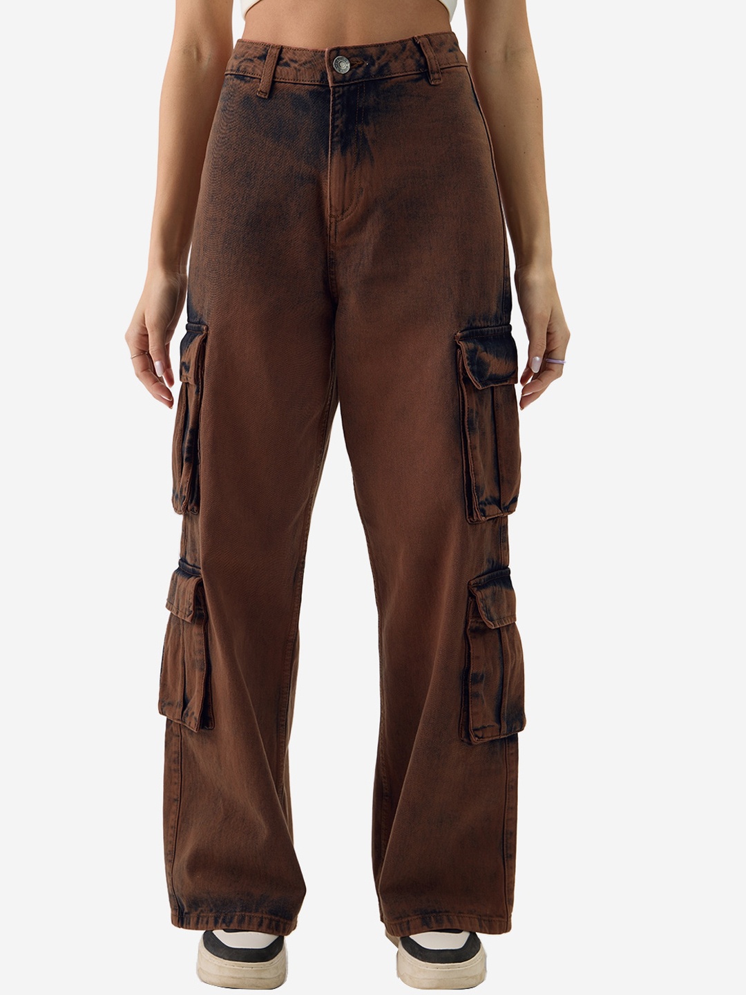

The Souled Store Women Brown Mid-Rise Wide Leg Heavy Fade Pure Cotton Cargo Jeans
