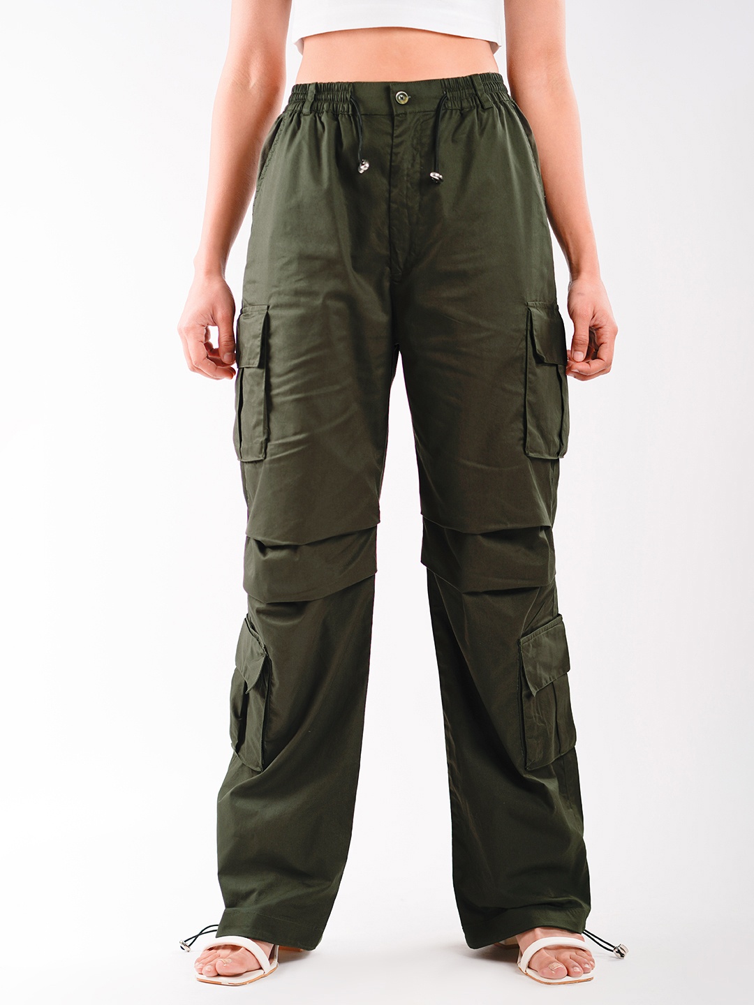 

Stylecast X Hersheinbox Women Pure Cotton High-Rise Cargos Trousers, Olive