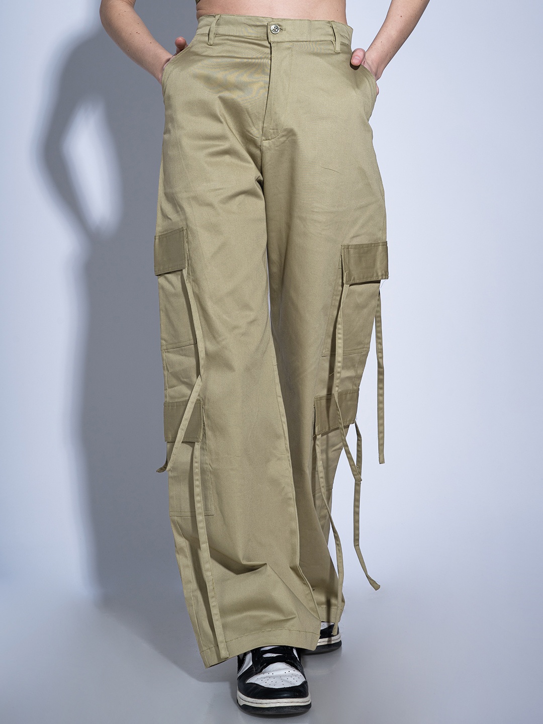 

Stylecast X Hersheinbox Women Strappy Pure Cotton High-Rise Cargos Trousers, Khaki