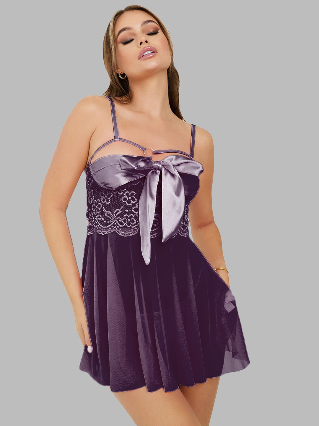 

FIMBUL Front Bow Tie-Up Baby Doll With Brief, Purple
