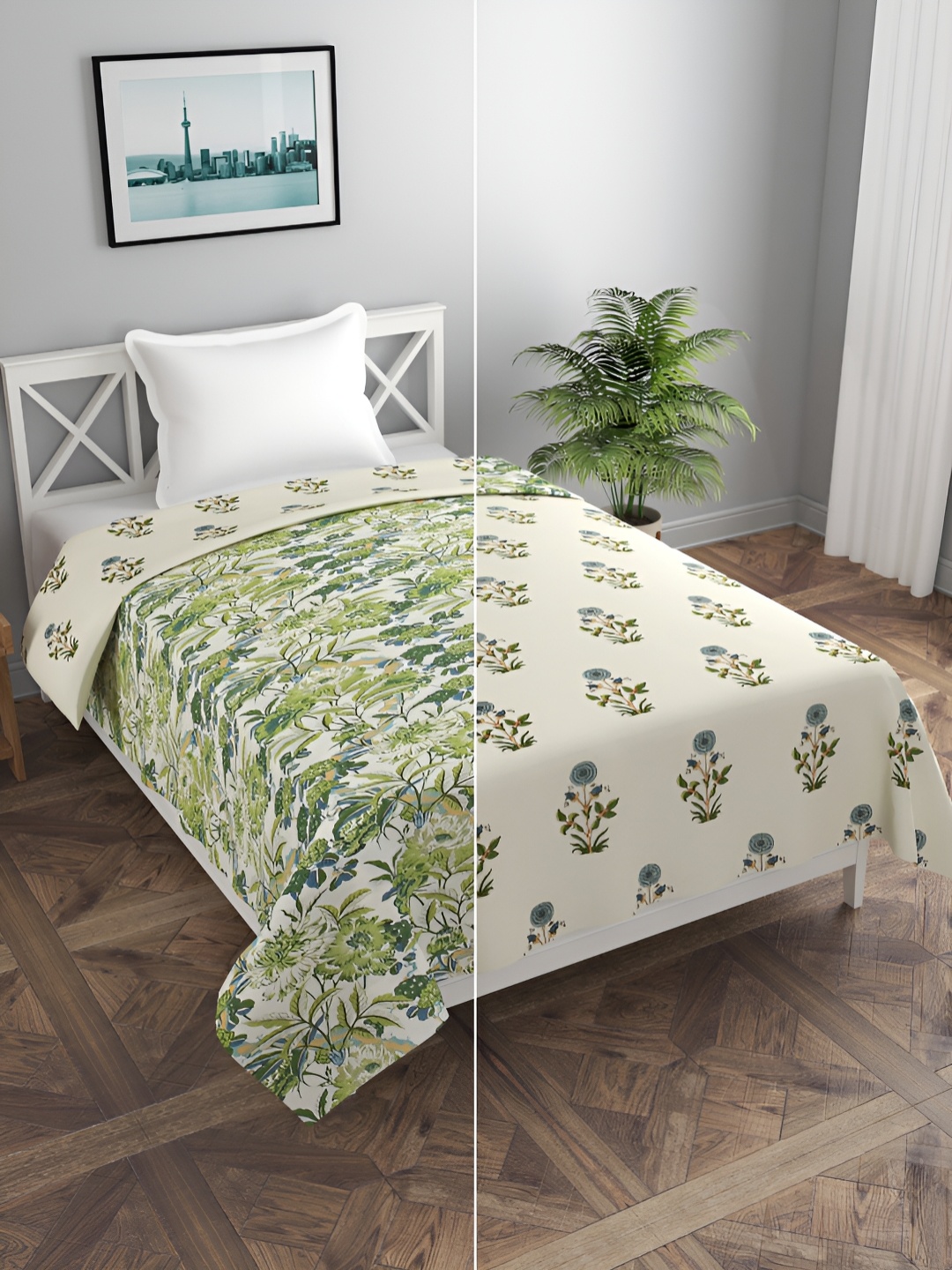 

MORADO Green & Beige Printed Single Duvet Cover