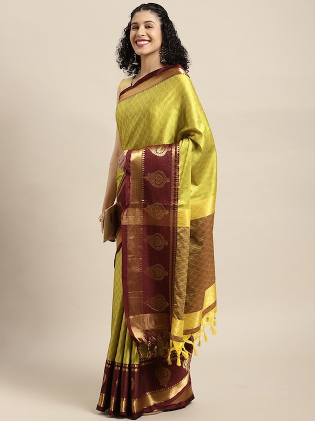 

VASTRAME Woven Design Ethnic Motifs Zari Kanjeevaram Saree With Tassels, Lime green