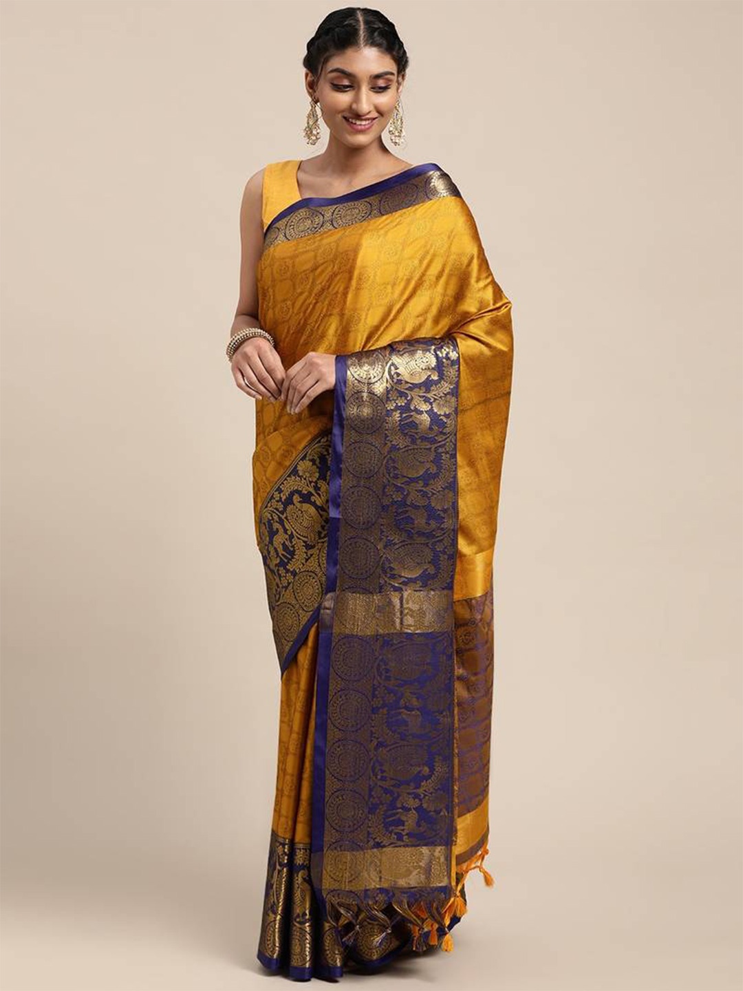 

VASTRAME Ethnic Motifs Woven Design Zari Kanjeevaram Saree, Yellow