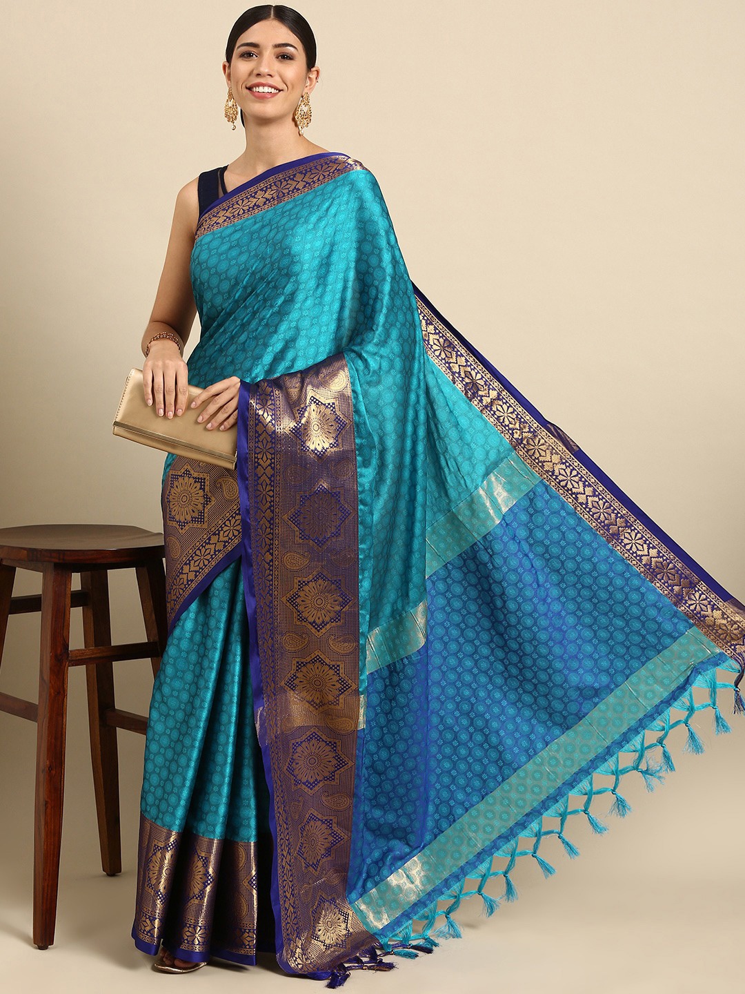 

VASTRAME Ethnic Motifs Woven Design Zari Kanjeevaram Saree, Blue