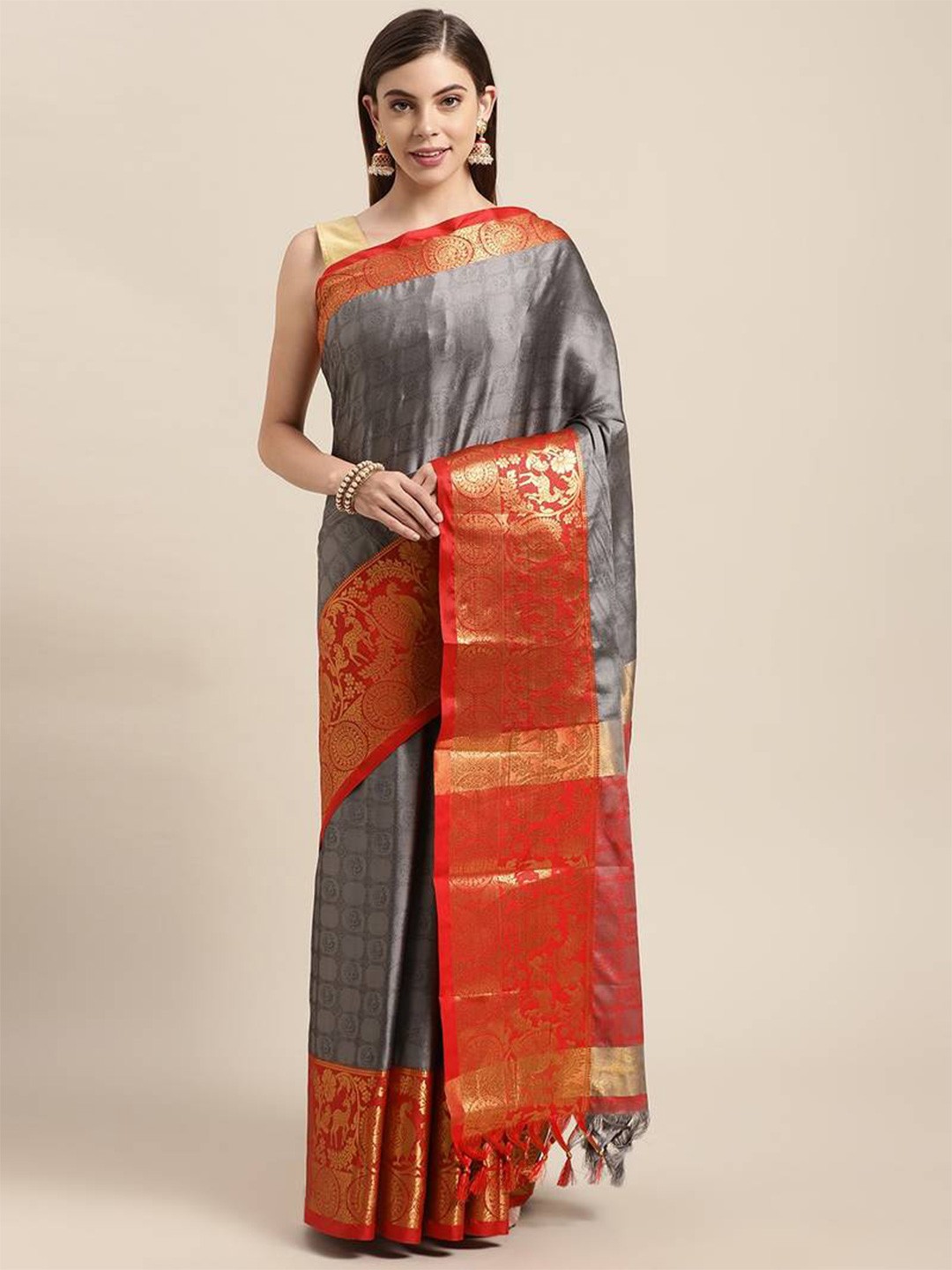 

VASTRAME Ethnic Motifs Woven Design Zari Kanjeevaram Saree, Red