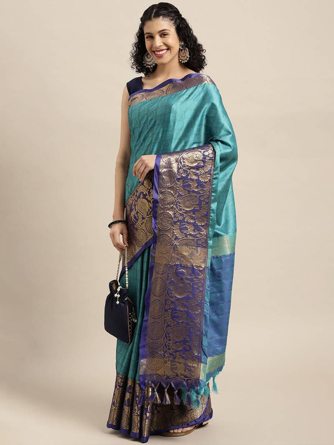 

VASTRAME Ethnic Motifs Woven Design Zari Kanjeevaram Saree, Blue