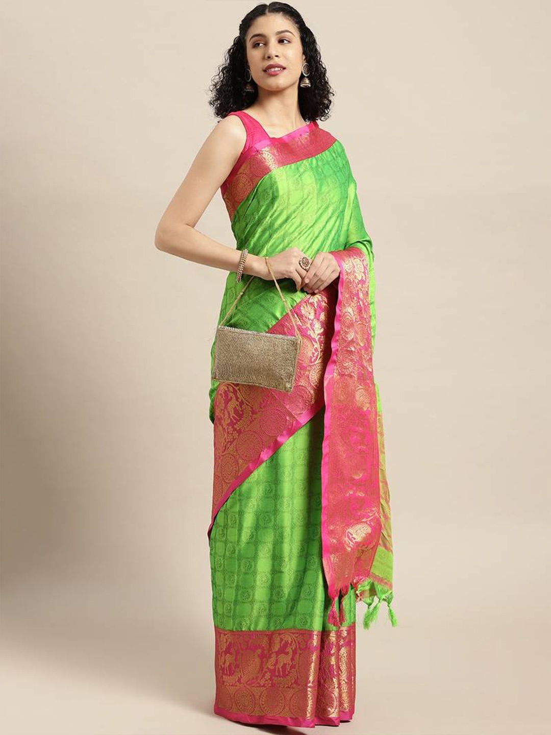 

VASTRAME Ethnic Motifs Woven Design Zari Kanjeevaram Saree, Green
