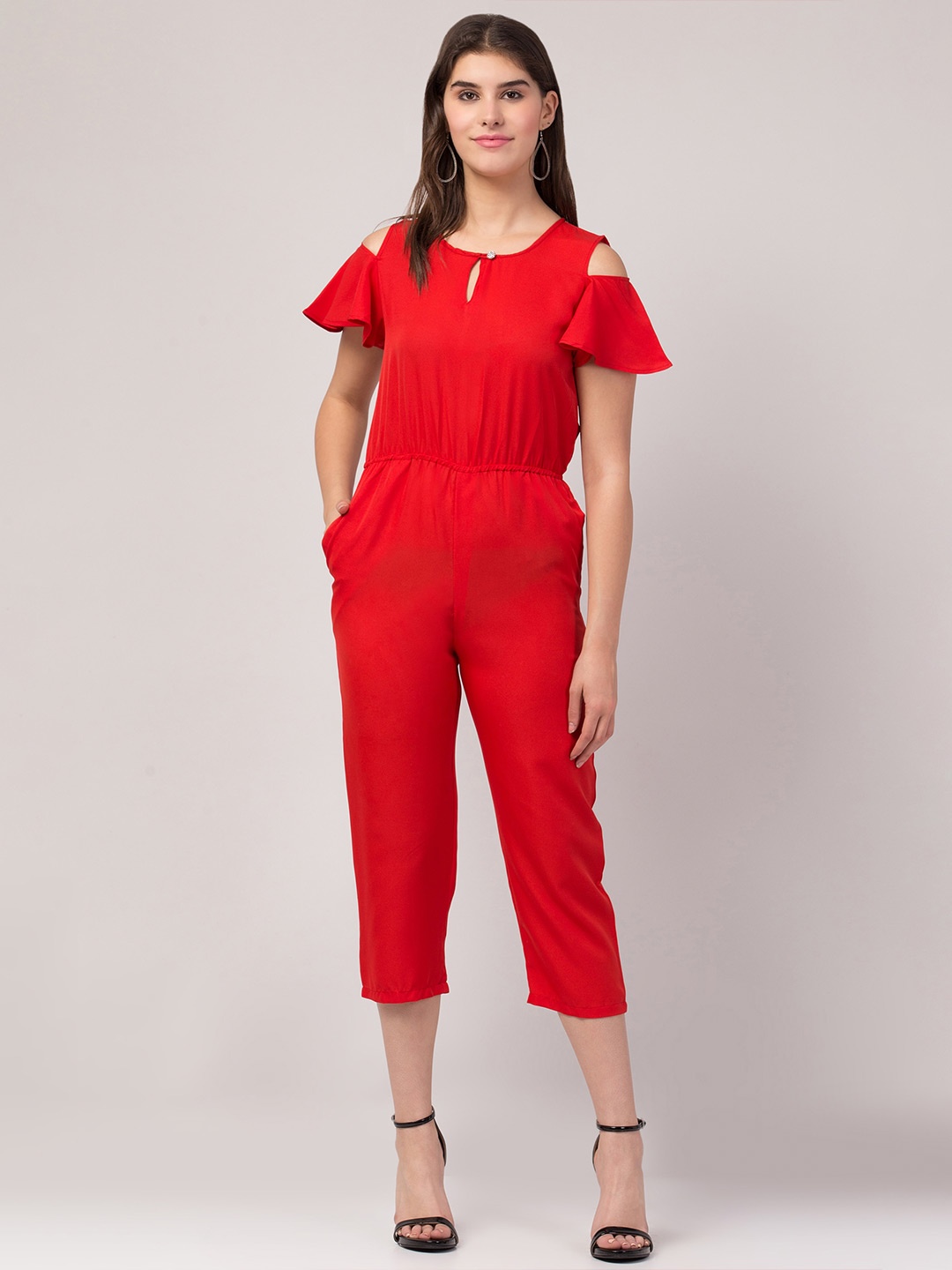 

ADDICTED ATTIRE Round Neck Capri Jumpsuit, Red