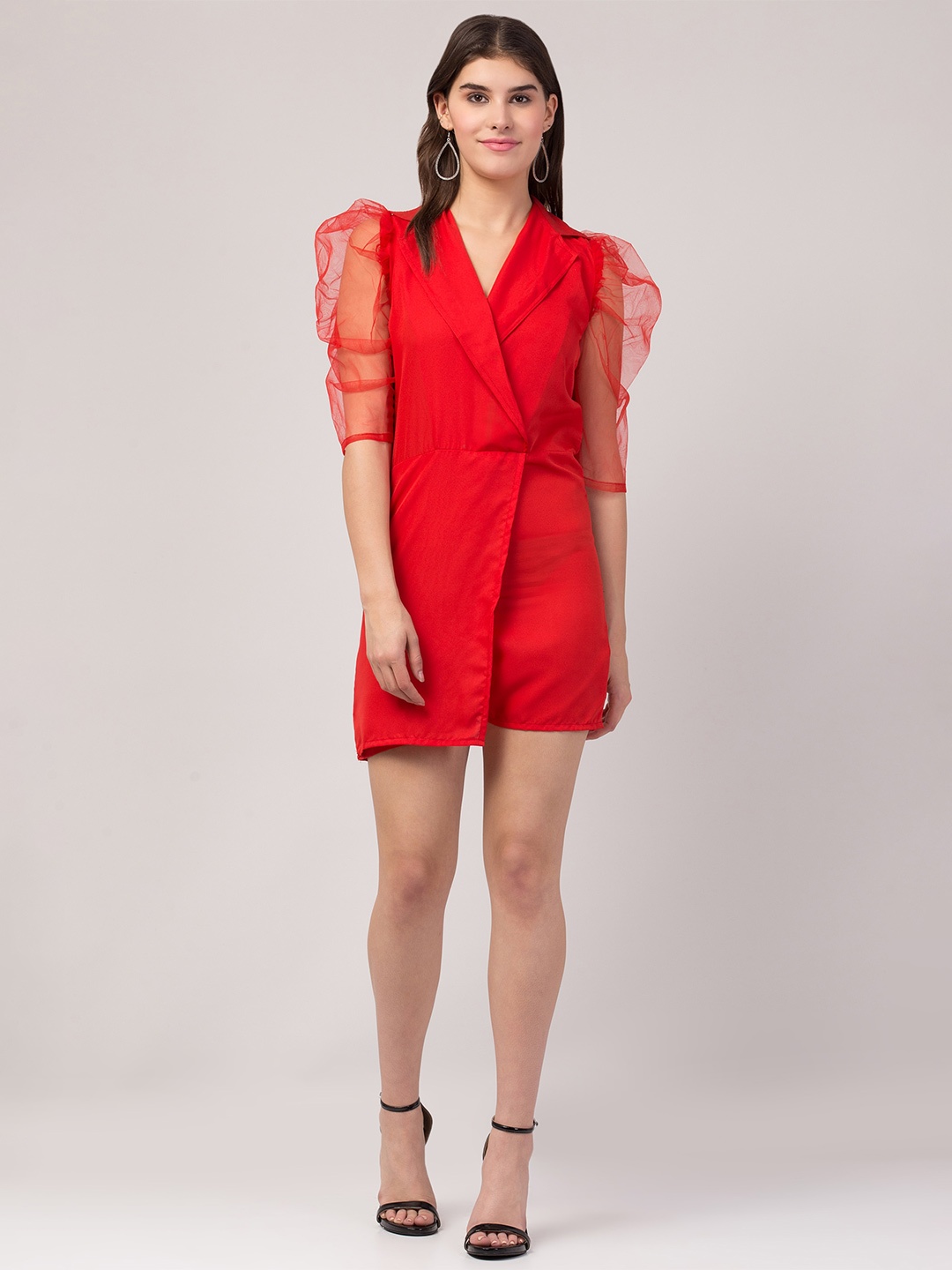 

ADDICTED ATTIRE Notched Lapel Collar Puffed Sleeves Playsuit, Red