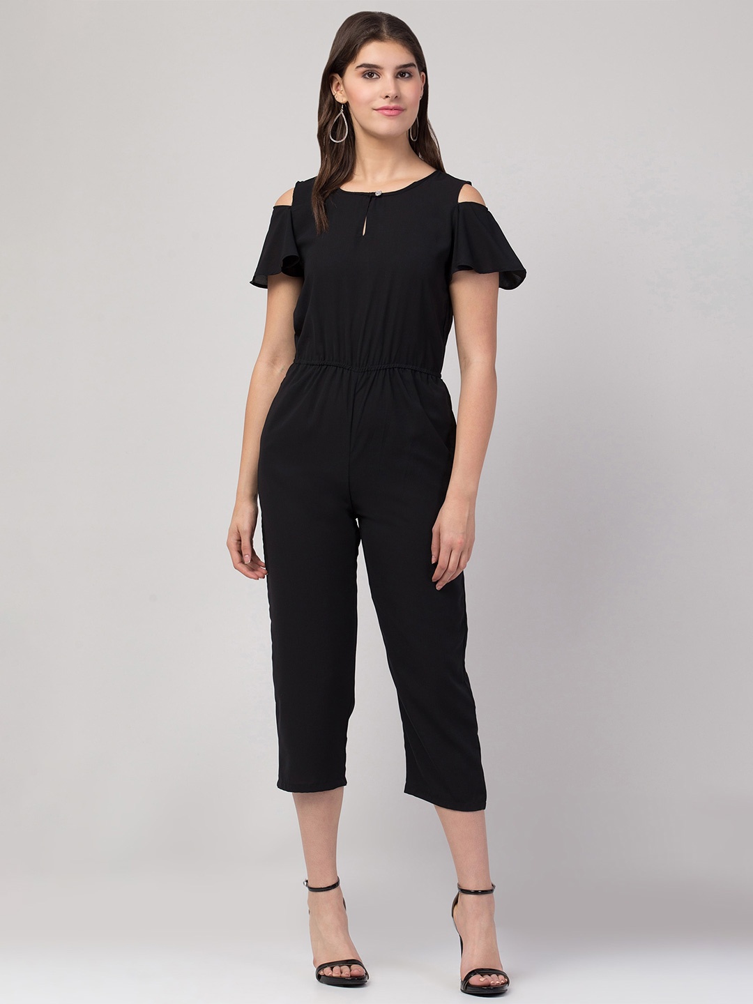 

ADDICTED ATTIRE Round Neck Capri Jumpsuit, Black