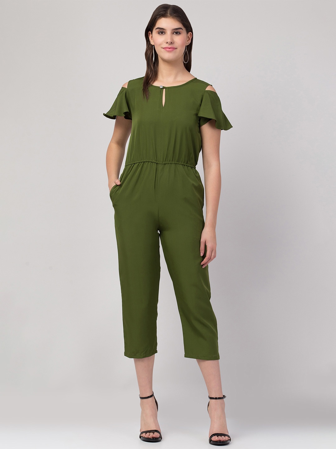 

ADDICTED ATTIRE Cold Shoulder Sleeves Capri Jumpsuit, Green