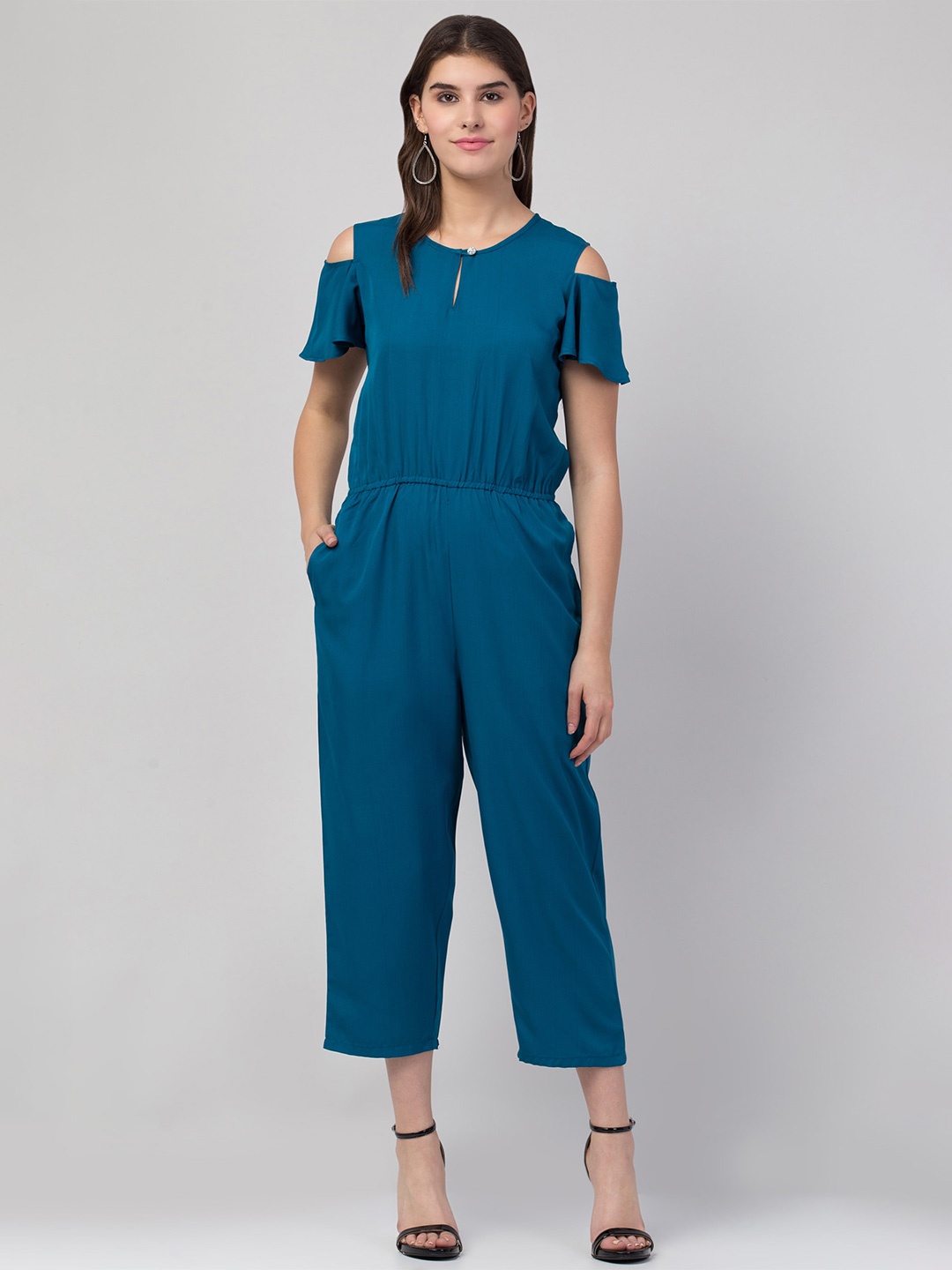 

ADDICTED ATTIRE Gathered Detailed Cold-Shoulder Sleeves Capri Jumpsuit, Blue