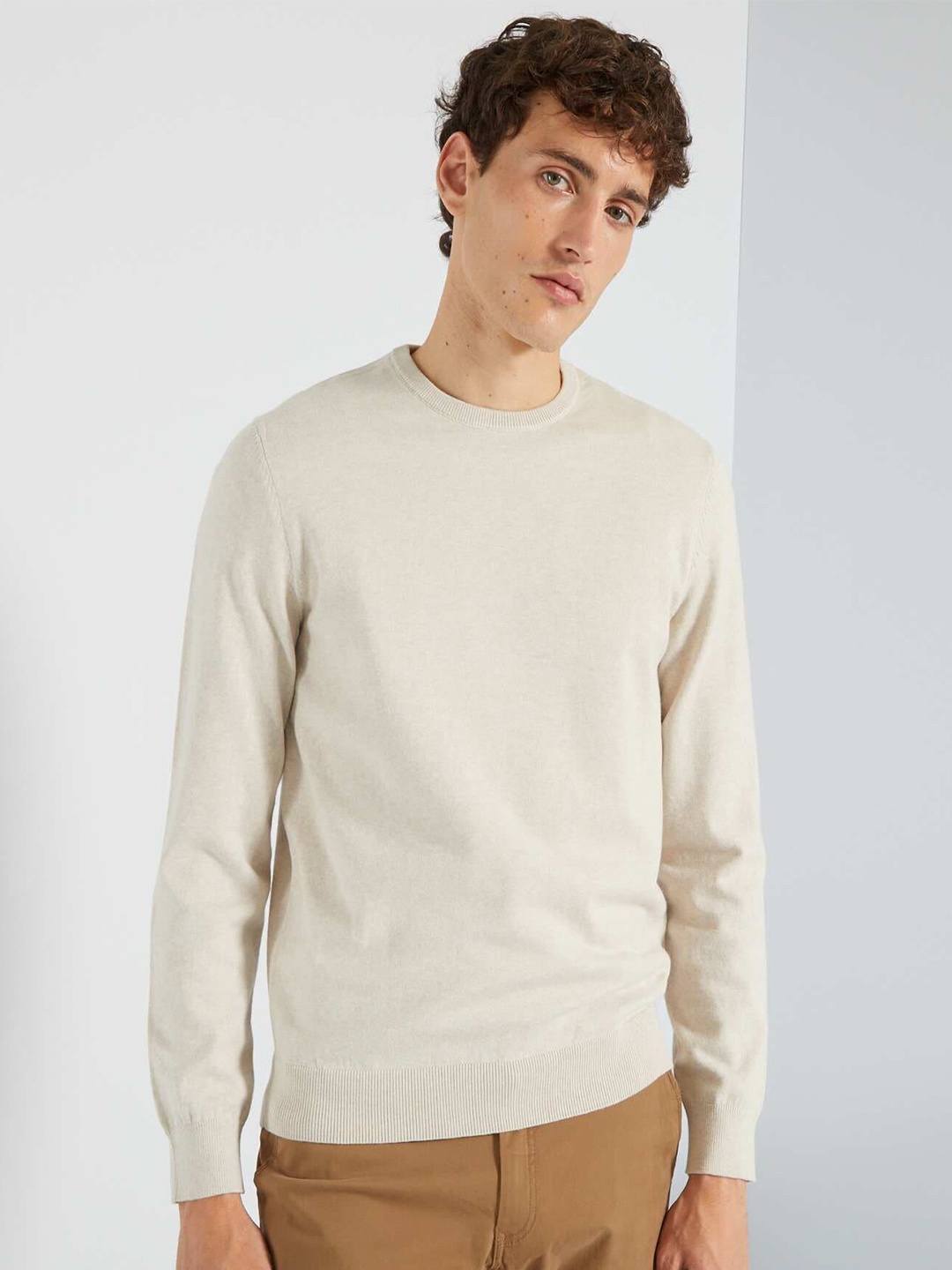 

KIABI Round Neck Ribbed Pullover Sweater, Cream