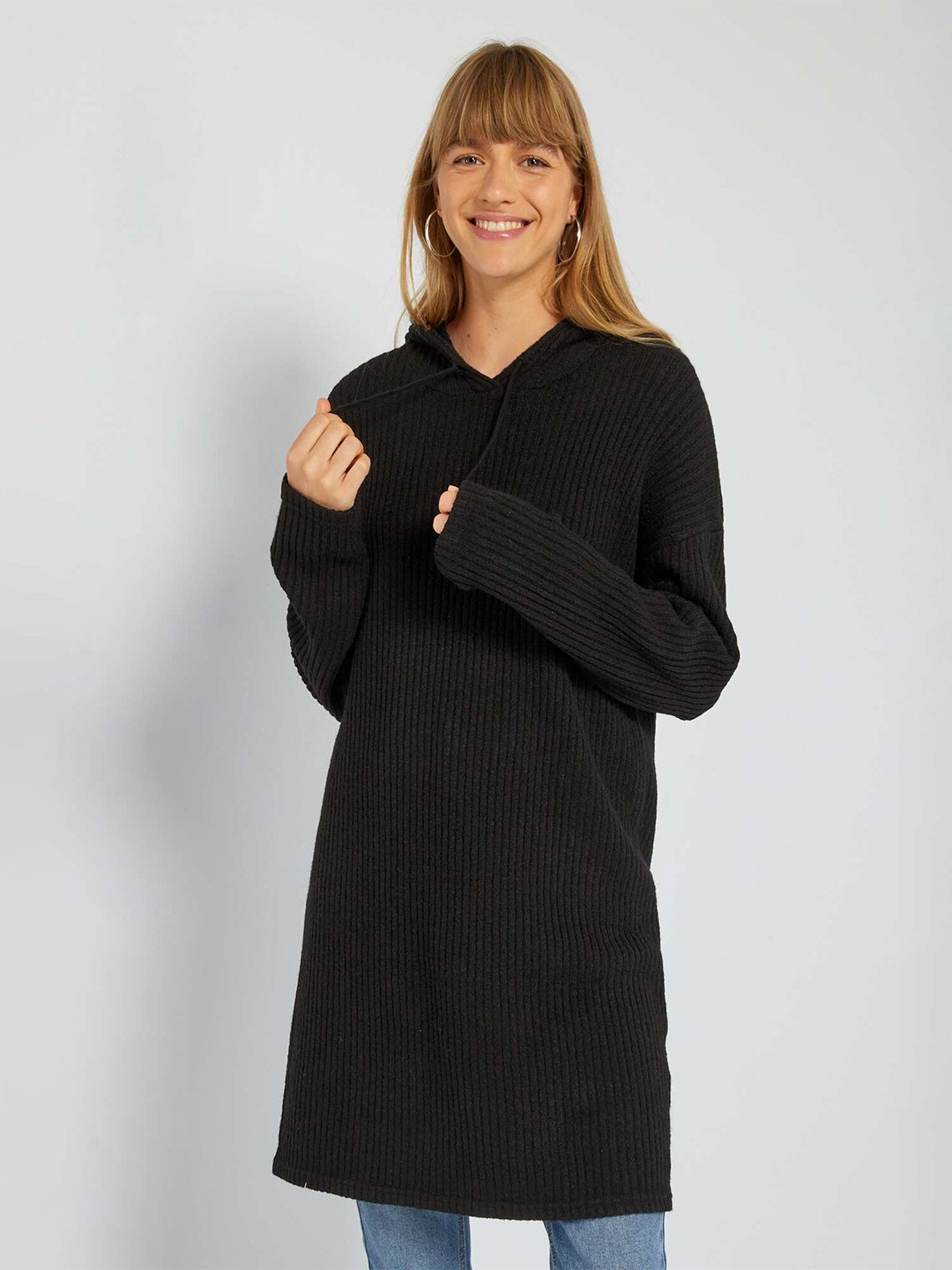 

KIABI Ribbed Woollen Hooded Longline Pullover, Black