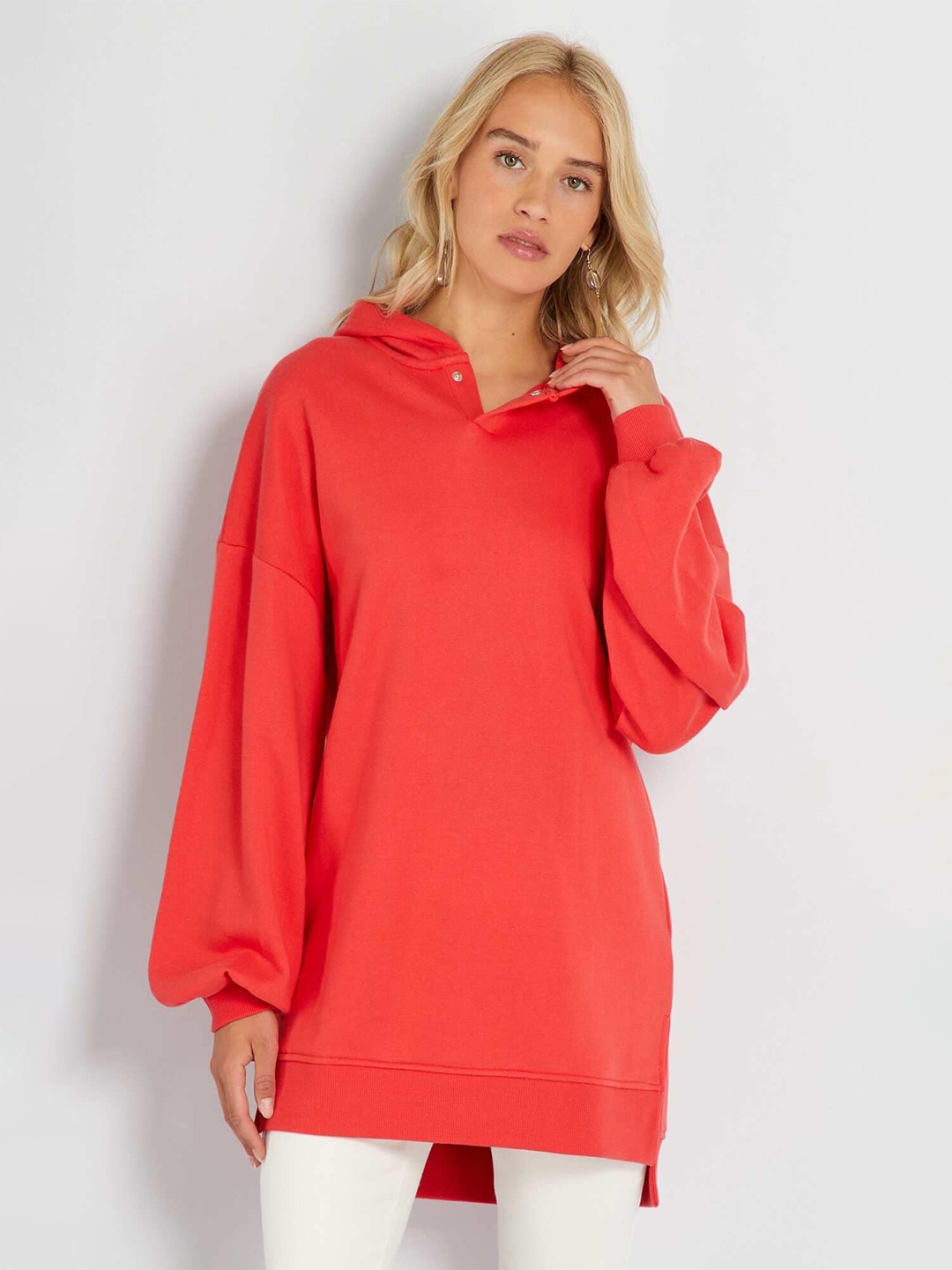 

KIABI Hooded Longline Woolen Pullover Sweatshirt, Red
