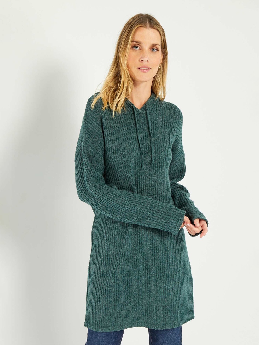 

KIABI Ribbed Hooded Woollen Longline Pullover, Green