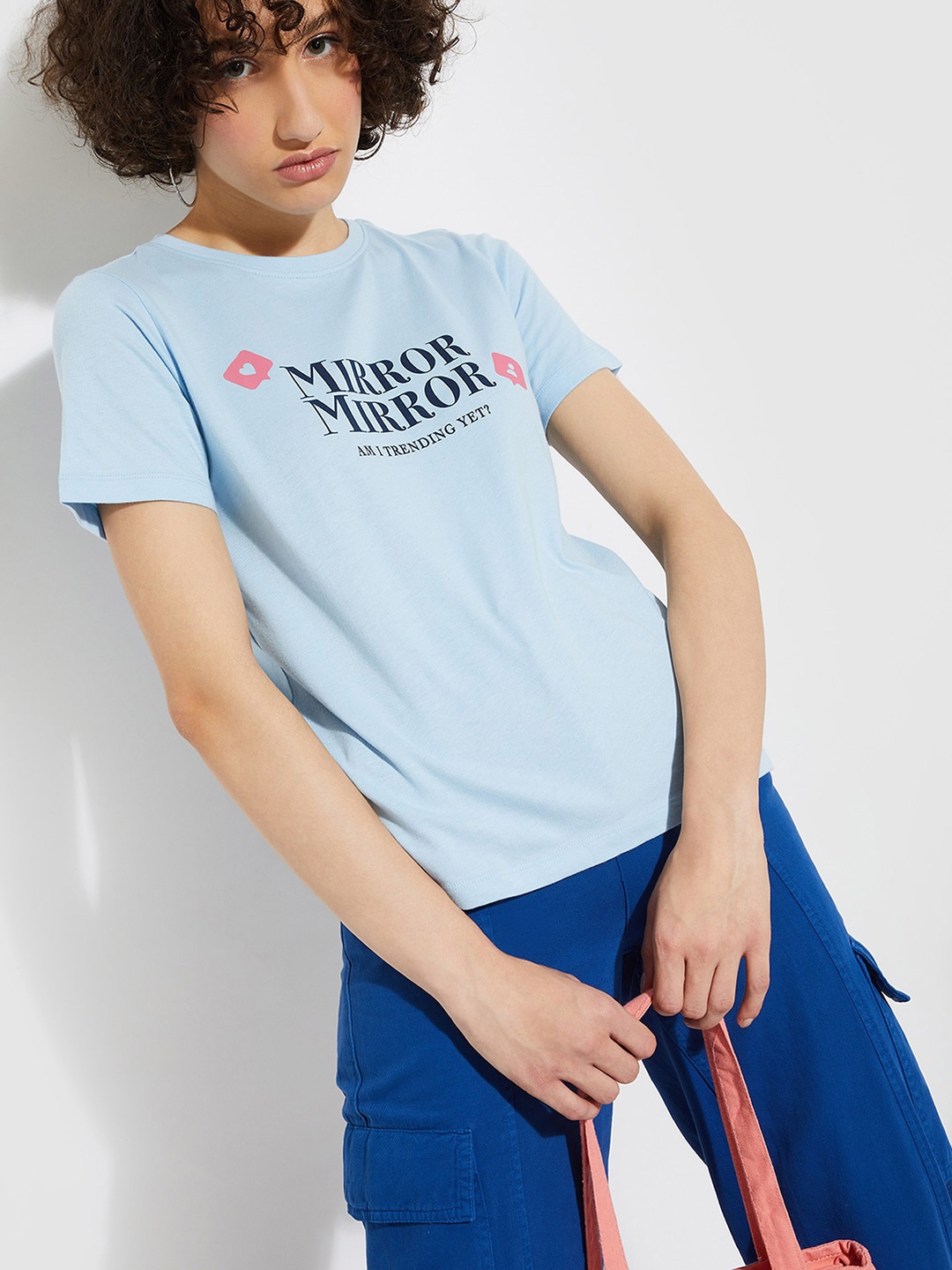 

max URB_N Women Typography Printed Round Neck Pure Cotton T-shirt, Blue