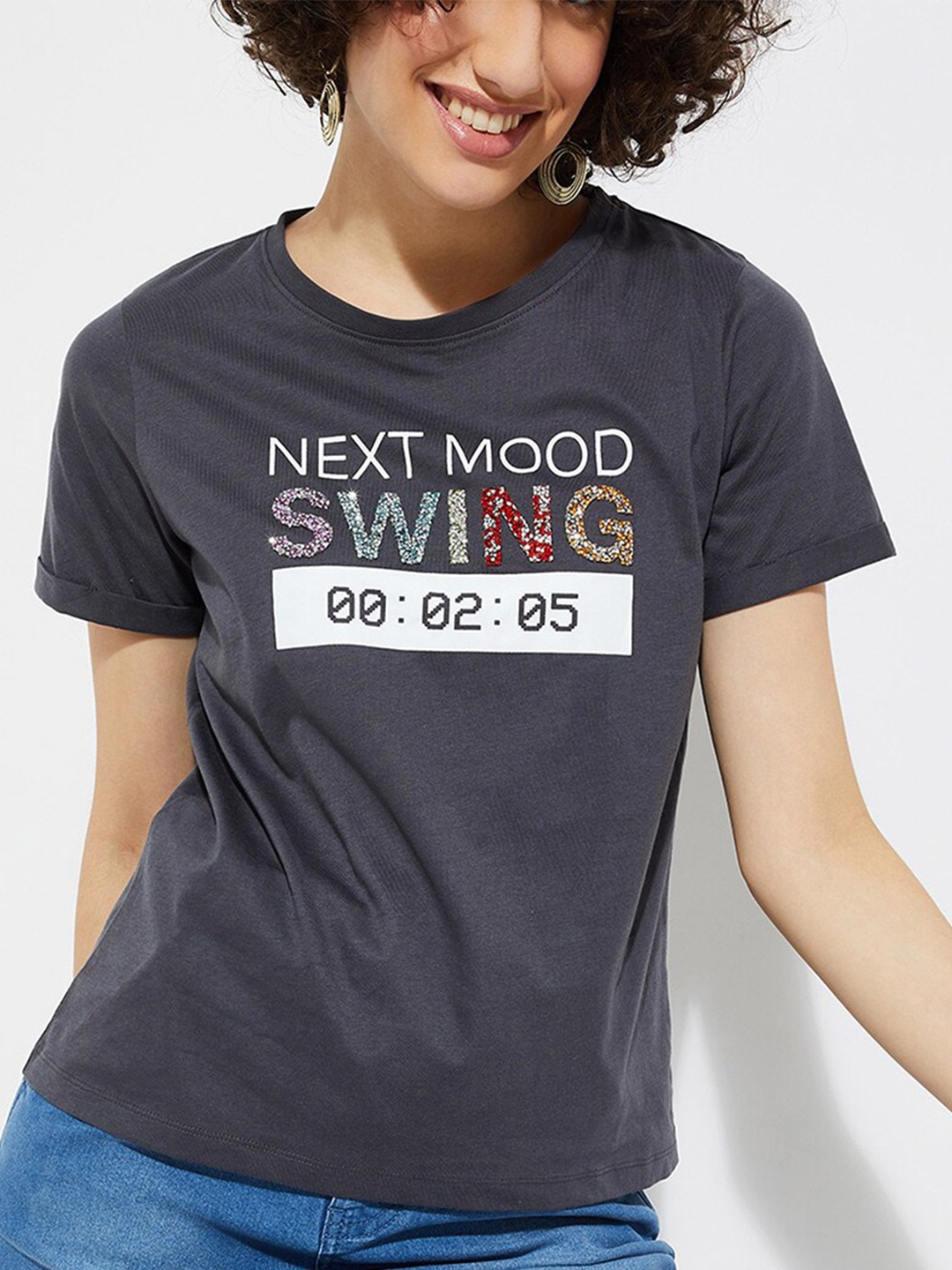 

max URB_N Typography Printed Round Neck Pure Cotton Casual T-shirt, Grey