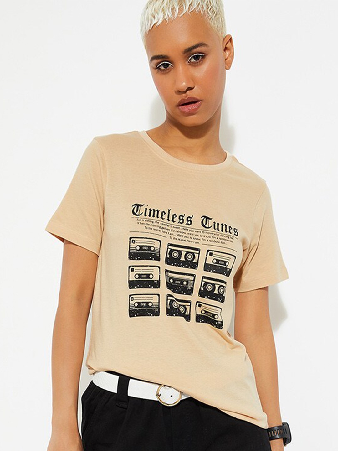 

max URB_N Women Graphic Printed Round Neck Pure Cotton T-shirt, Beige