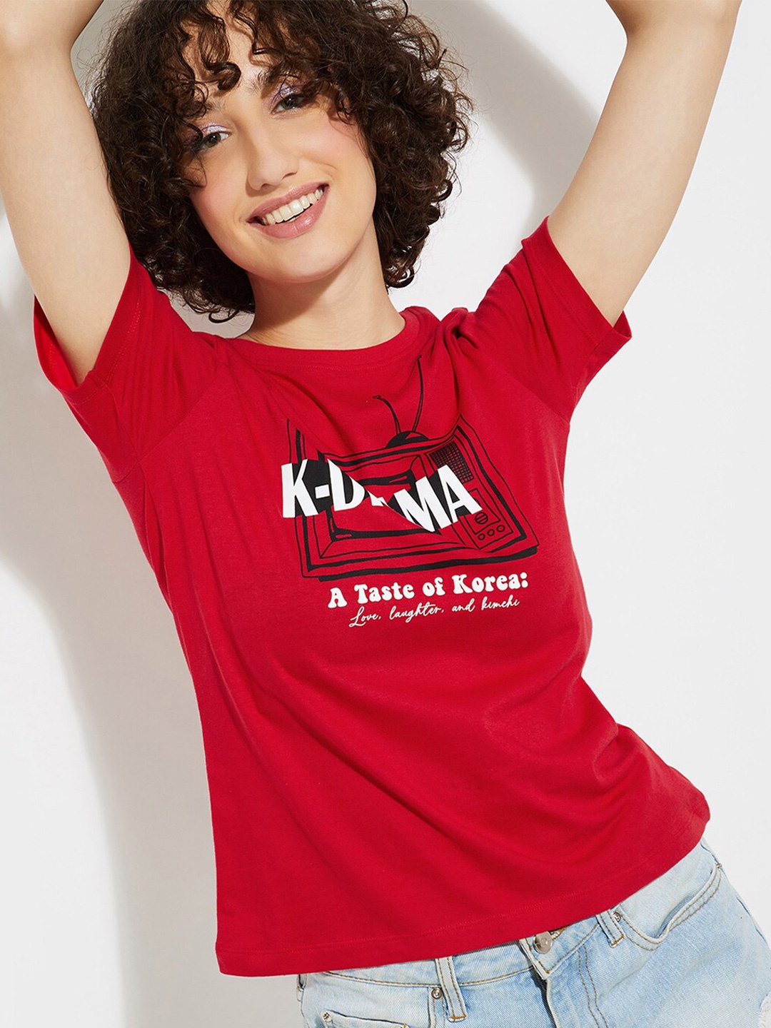 

max URB_N Women Typography Printed Pure Cotton T-shirt, Red