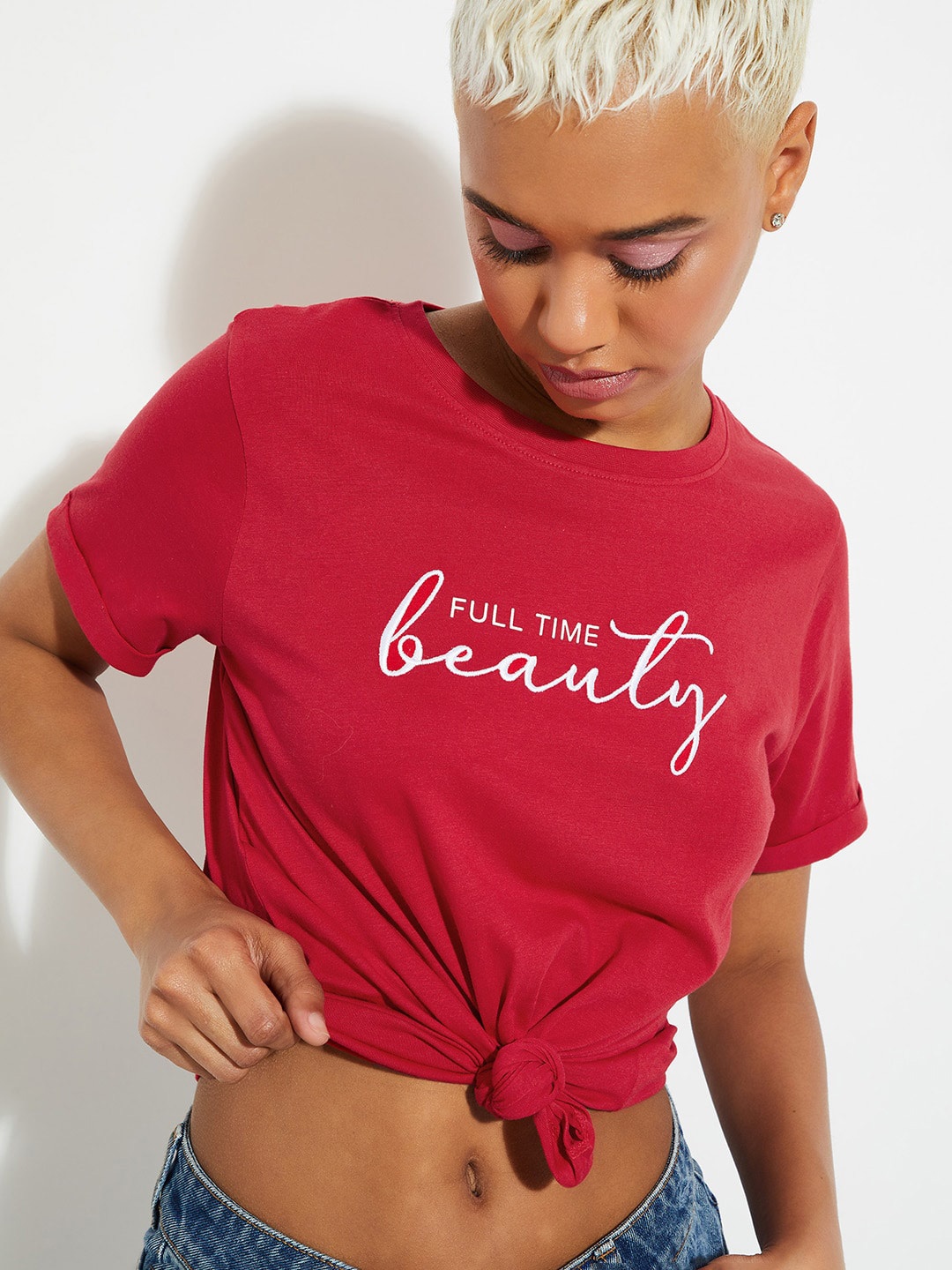 max URB_N Typography Printed Pure Cotton T-shirt, Red