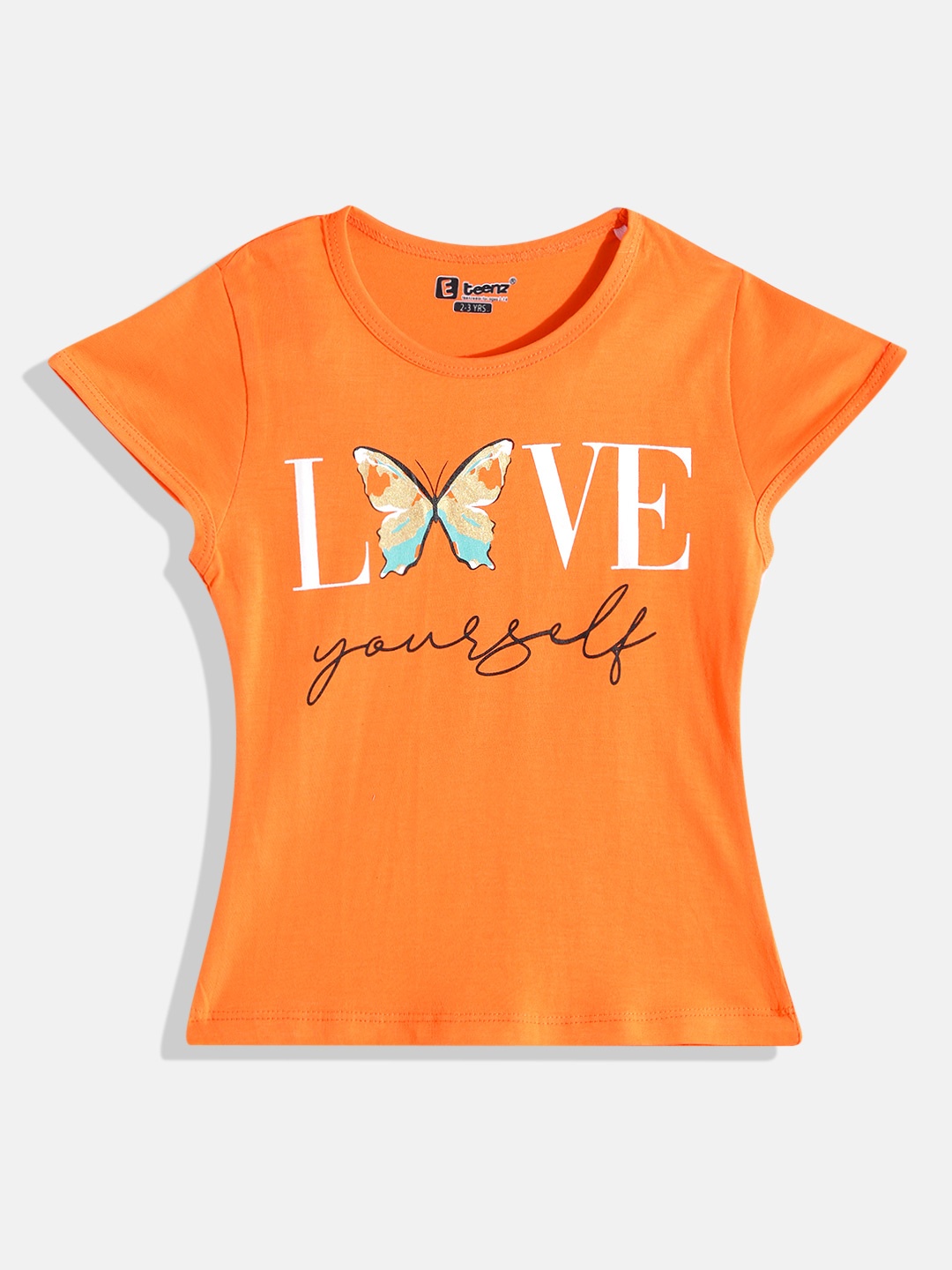 

Eteenz Girls Typography Printed Premium Cotton T-shirt, Orange