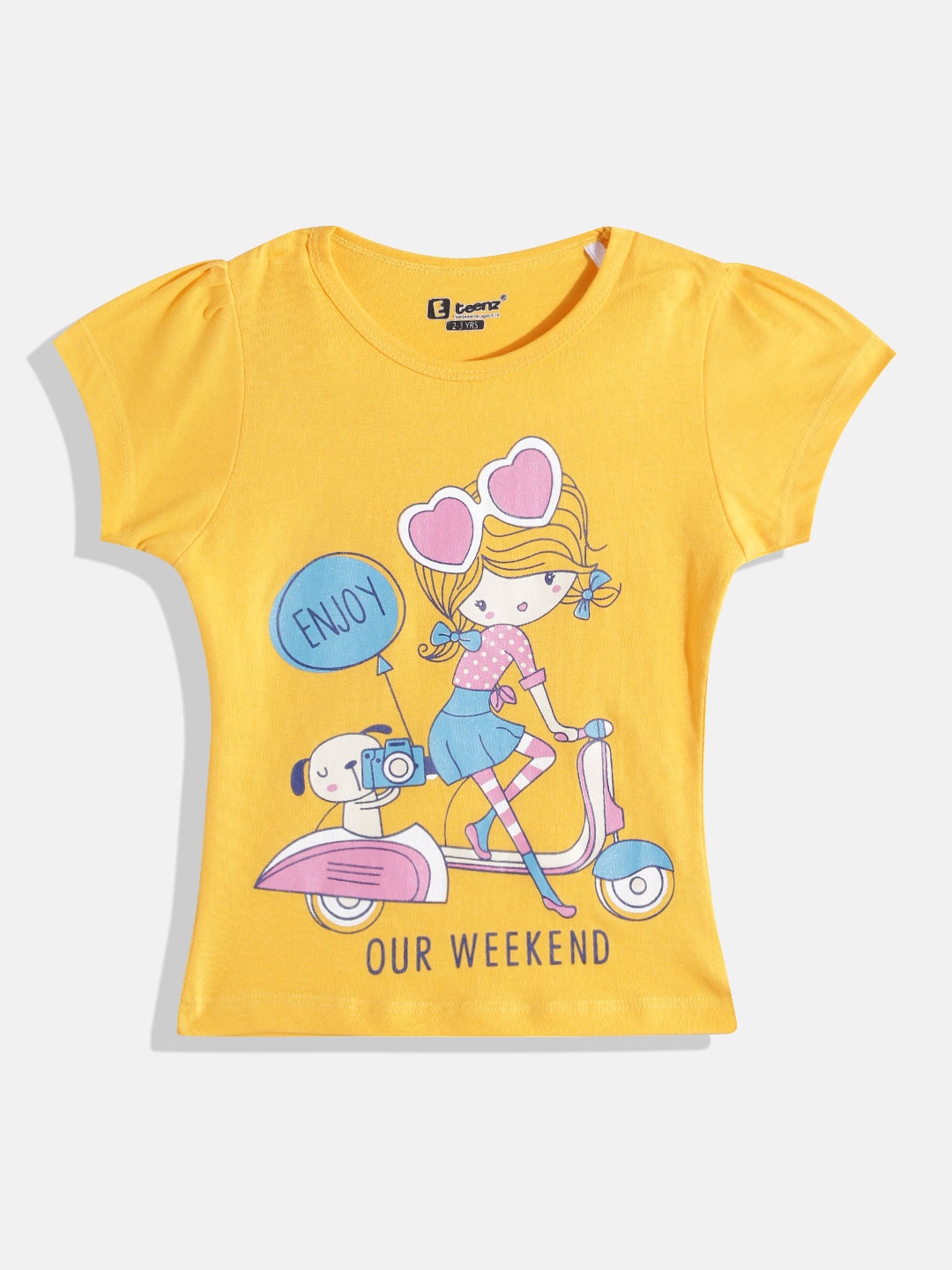 

Eteenz Girls Printed Premium Cotton T-shirt, Yellow