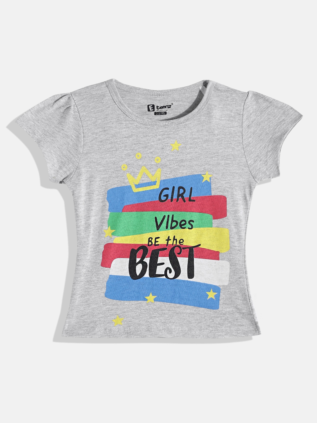 

Eteenz Girls Typography Printed Cotton T-shirt, Grey melange