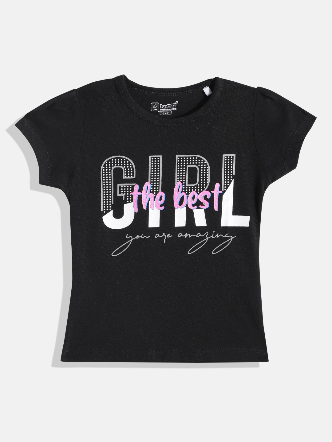 Eteenz Girls Typography Printed Cotton T-shirt, Black