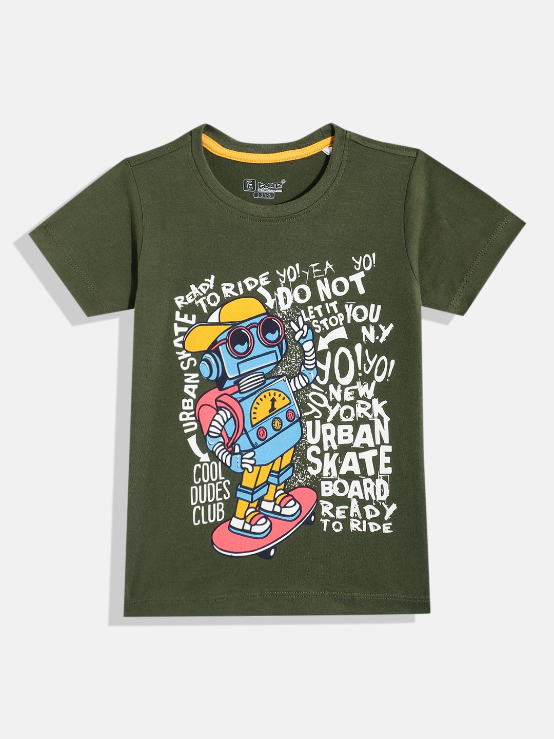

Eteenz Boys Typography Printed Cotton T-shirt, Olive