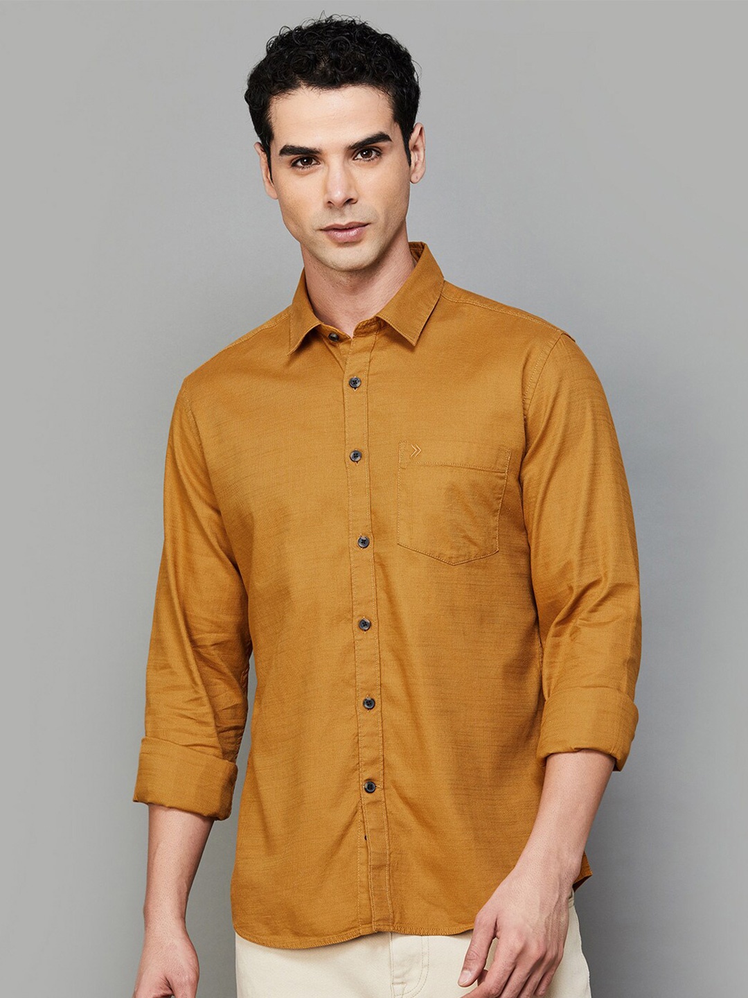 

CODE by Lifestyle Cotton Slim Fit Spread Collar Curved Casual Shirt, Tan