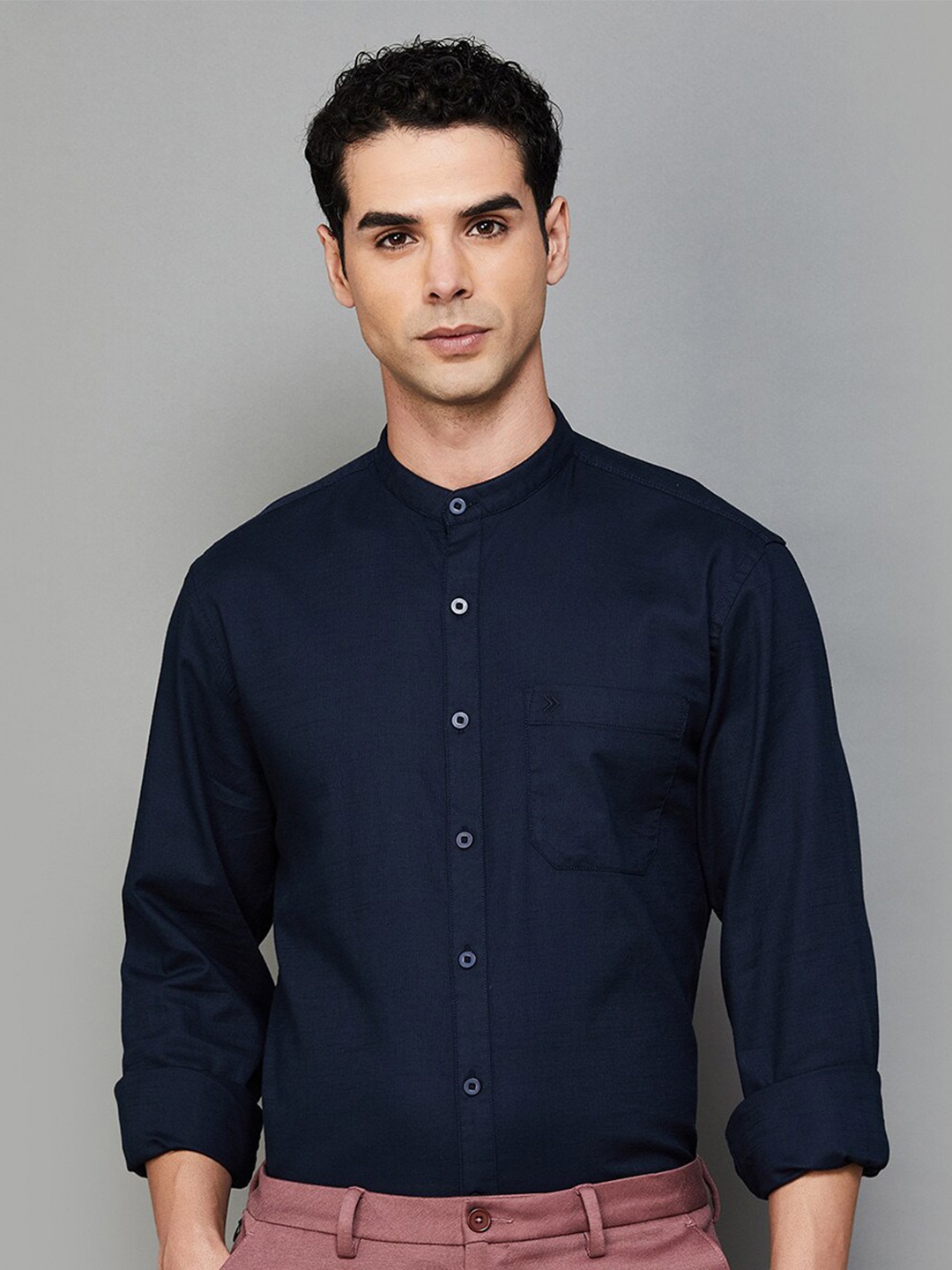 

CODE by Lifestyle Cotton Mandarin Collar Curved Casual Shirt, Blue