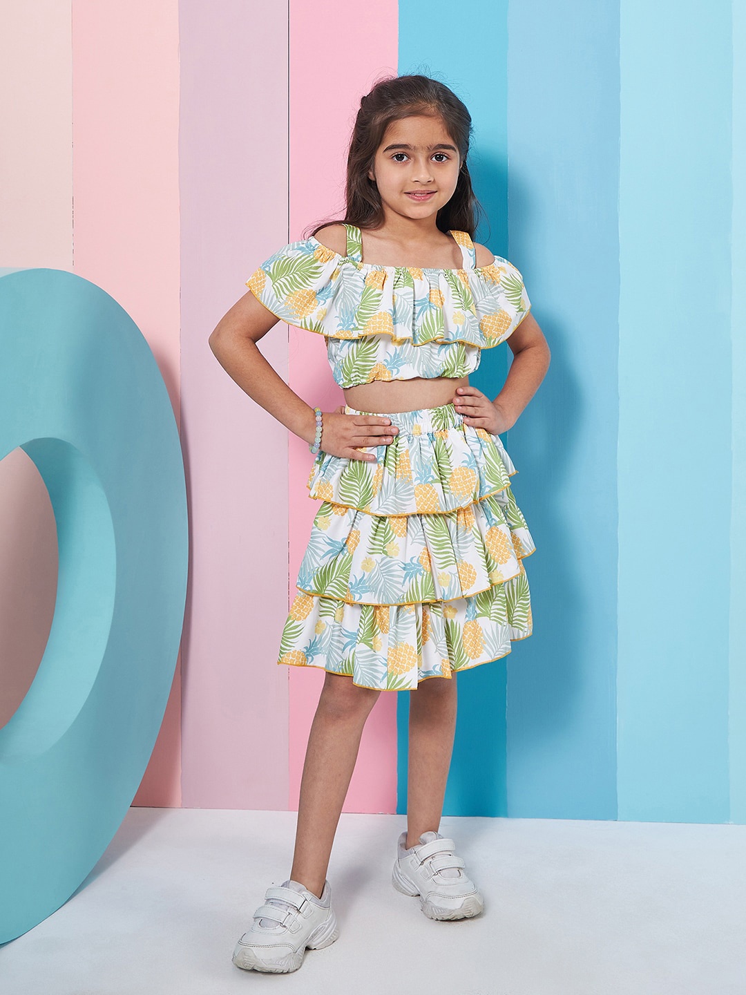 

pspeaches Girls Tropical Printed Crop Top With Layered Skirt, White