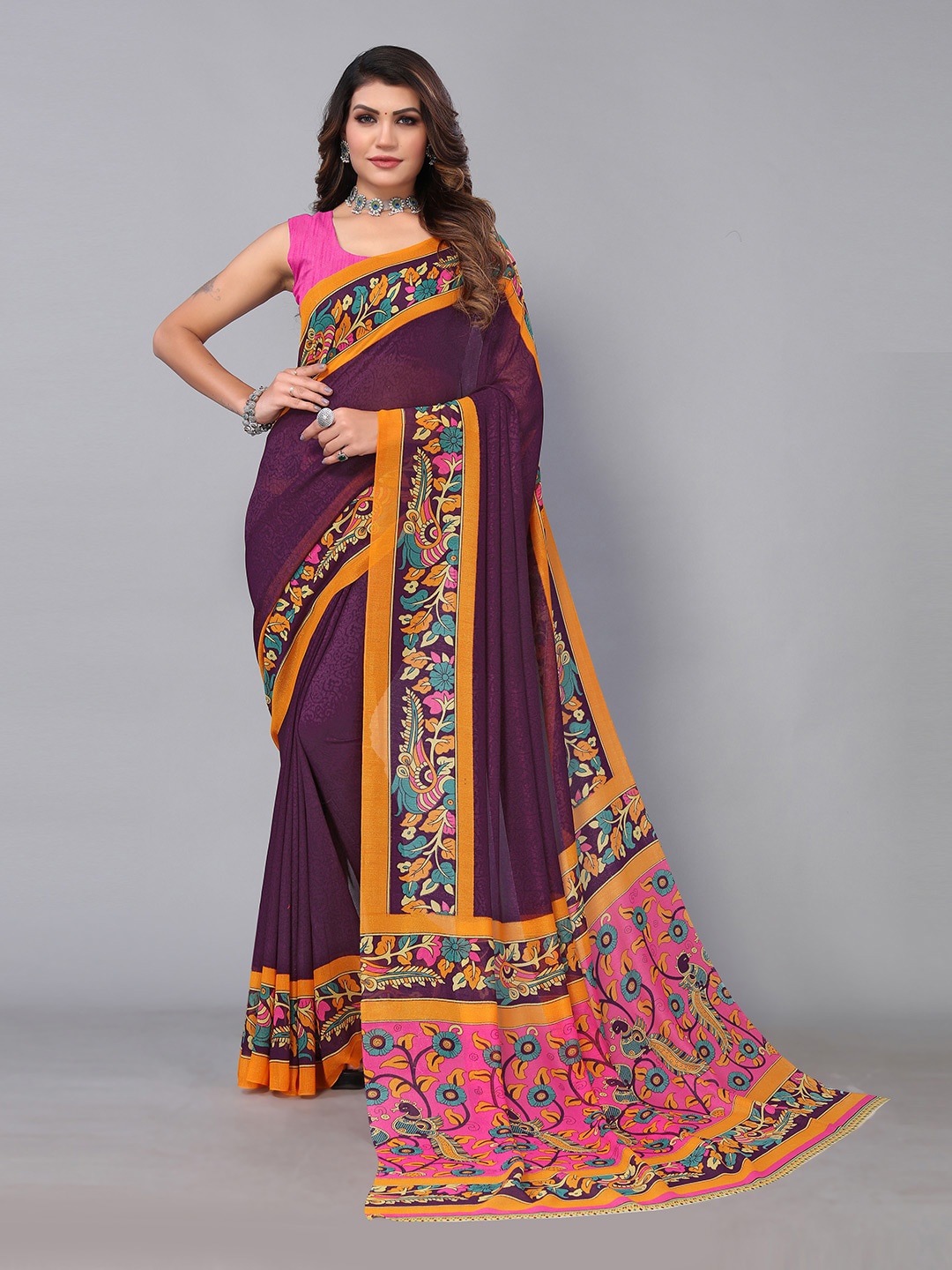 

Shaily Ethnic Motifs Printed Brasso Saree, Purple
