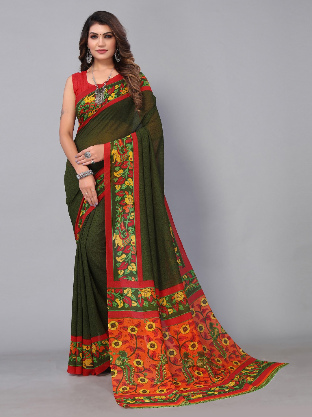 

Shaily Ethnic Motifs Brasso Saree, Green