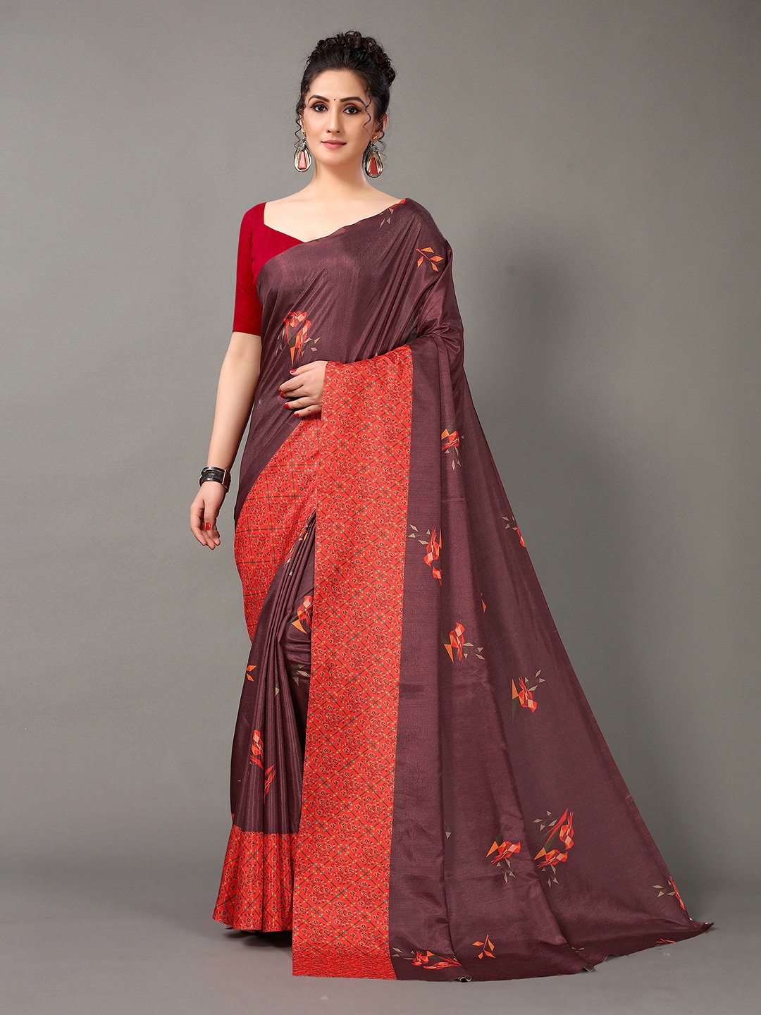

Shaily Ethnic Floral Printed Saree, Brown