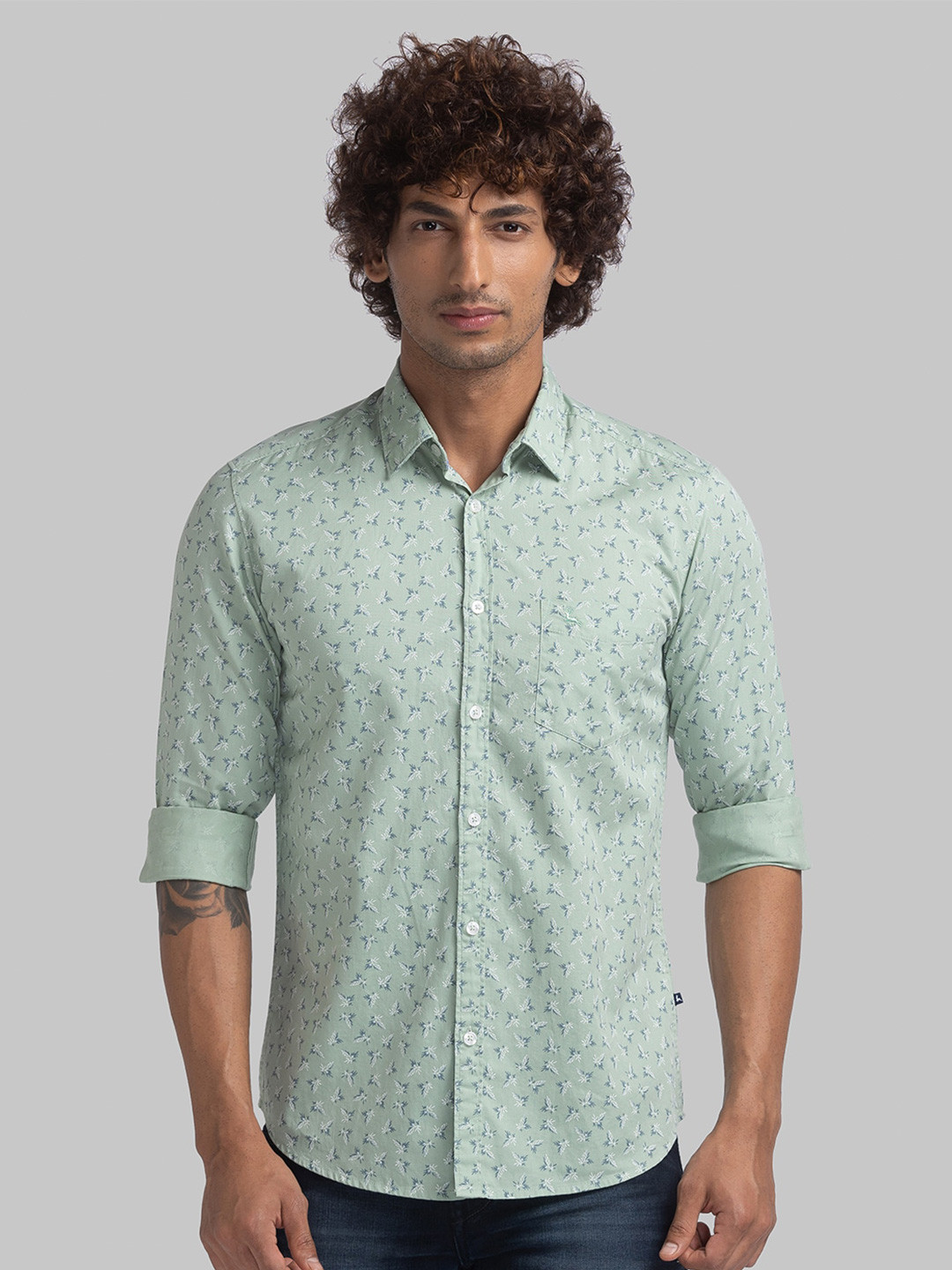 

Parx Printed Spread Collar Cotton Shirt, Green