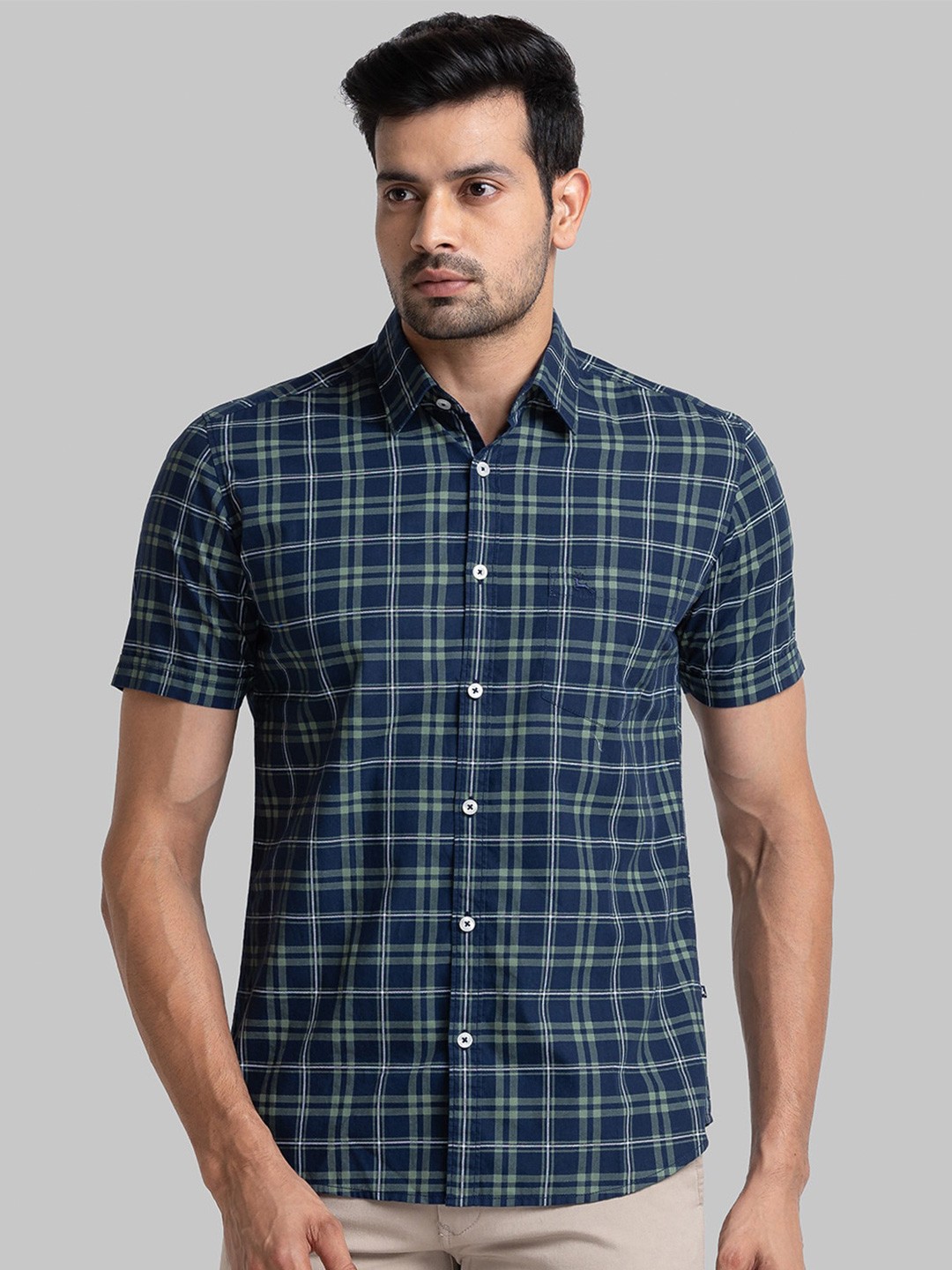 

Parx Slim Fit Checked Short Sleeves Cotton Shirt, Green