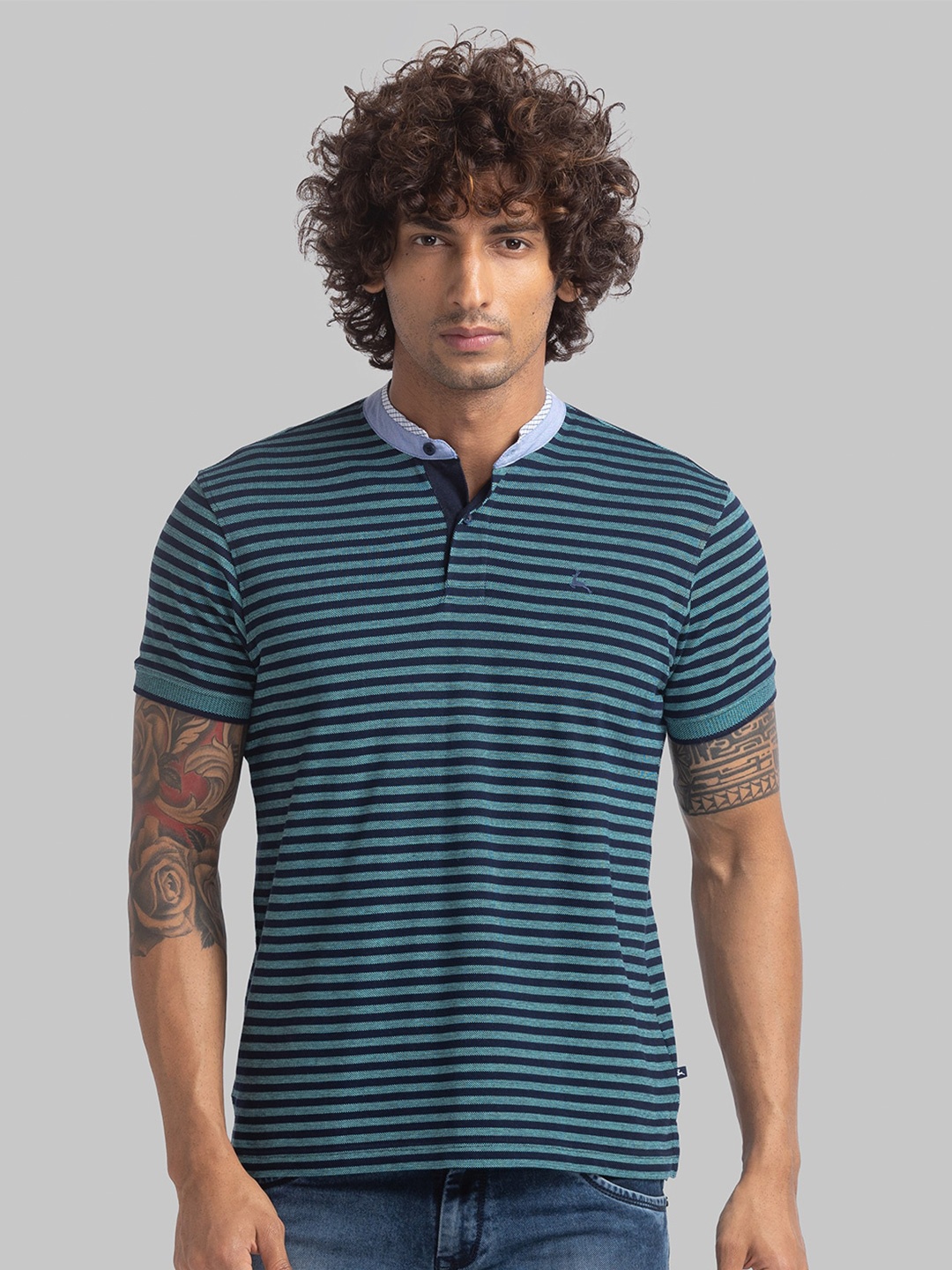 

Parx Striped Mandarin Collar Cotton T-shirt, Green