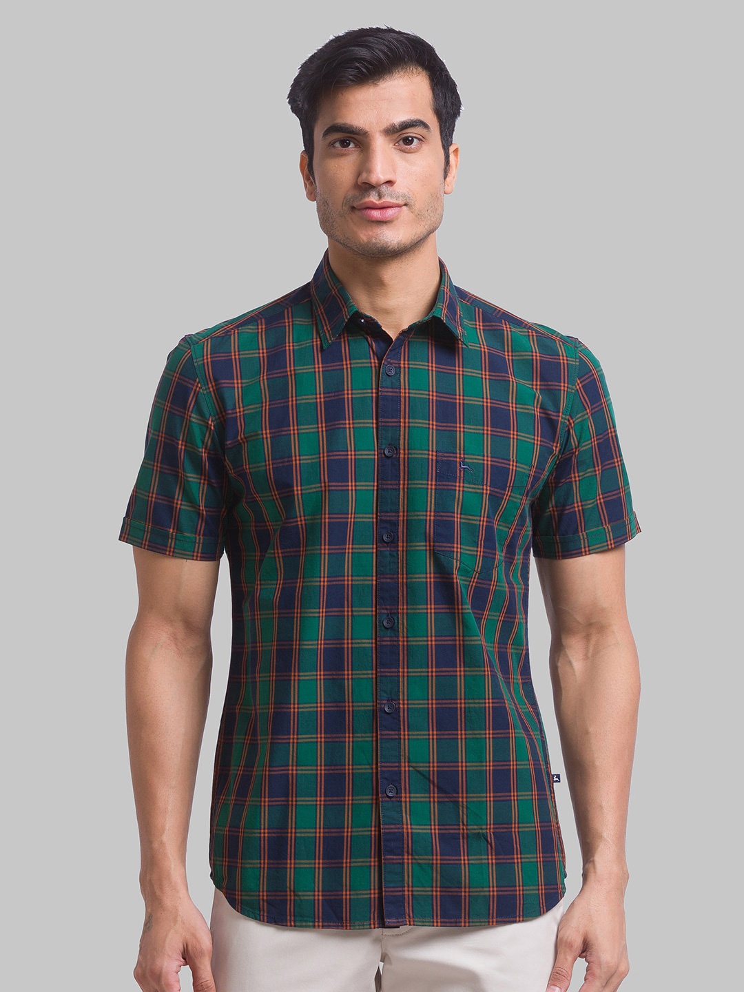 

Parx Slim Fit Tartan Checks Opaque Cotton Casual Shirt, Green