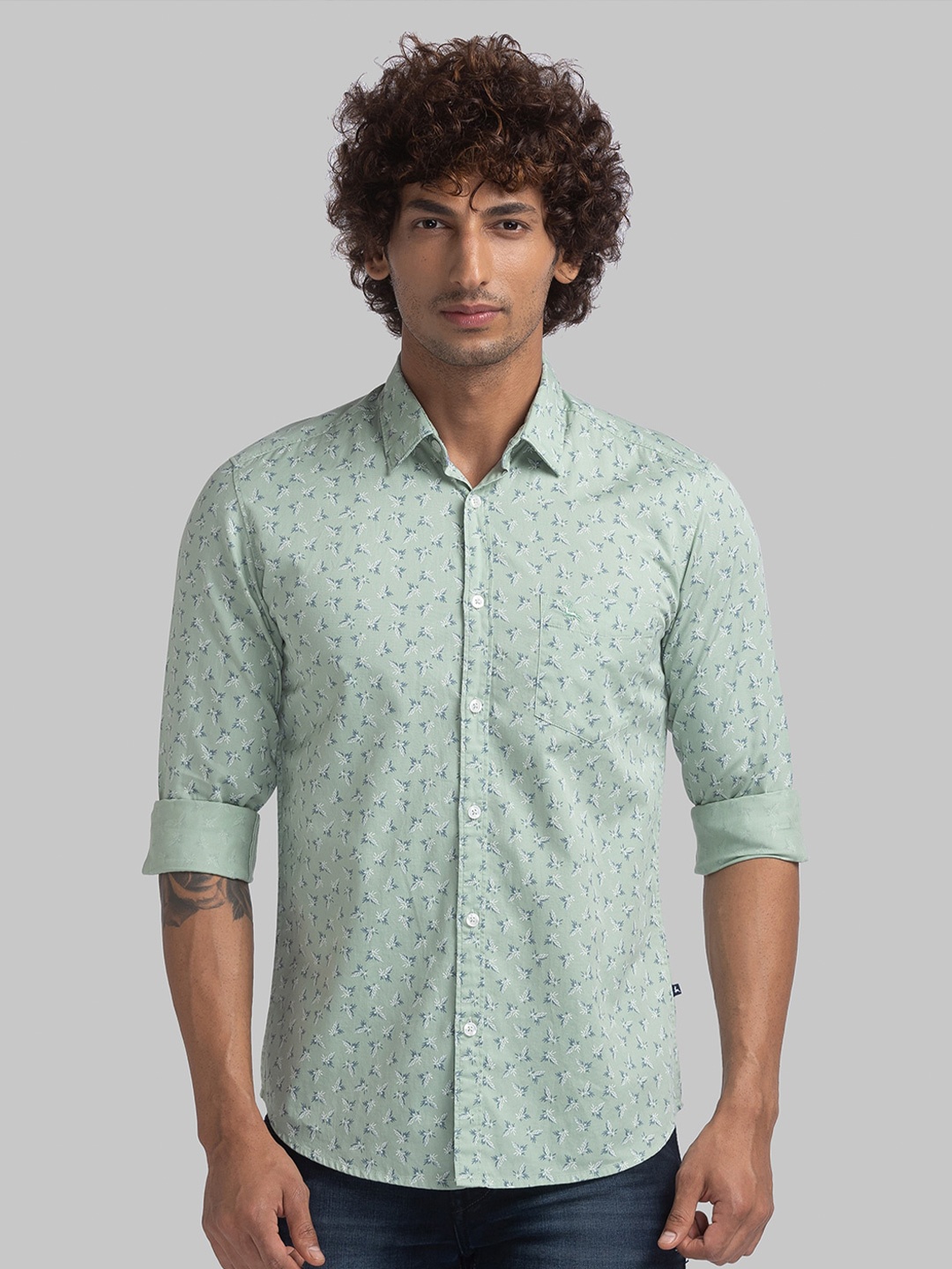 

Parx Printed Spread Collar Cotton Shirt, Green