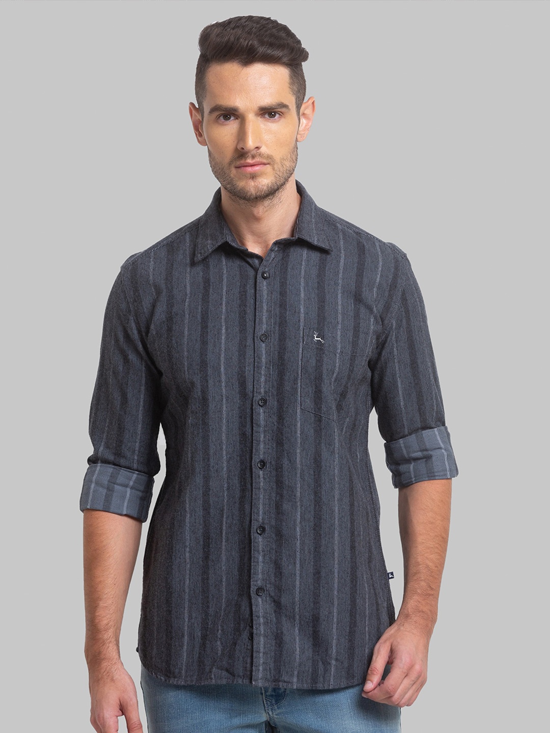 

Parx Striped Printed Spread Collar Casual Shirt, Black